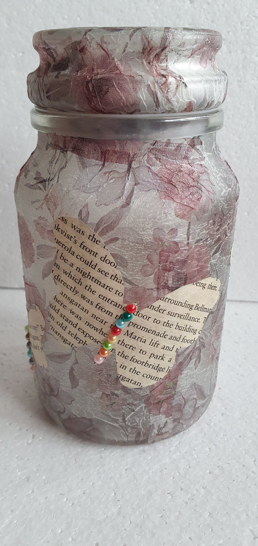 Medium 'Chunky' Hand Decorated Glass Pin Cushion Jar Floral Book Page Butterflies Crafters Gift