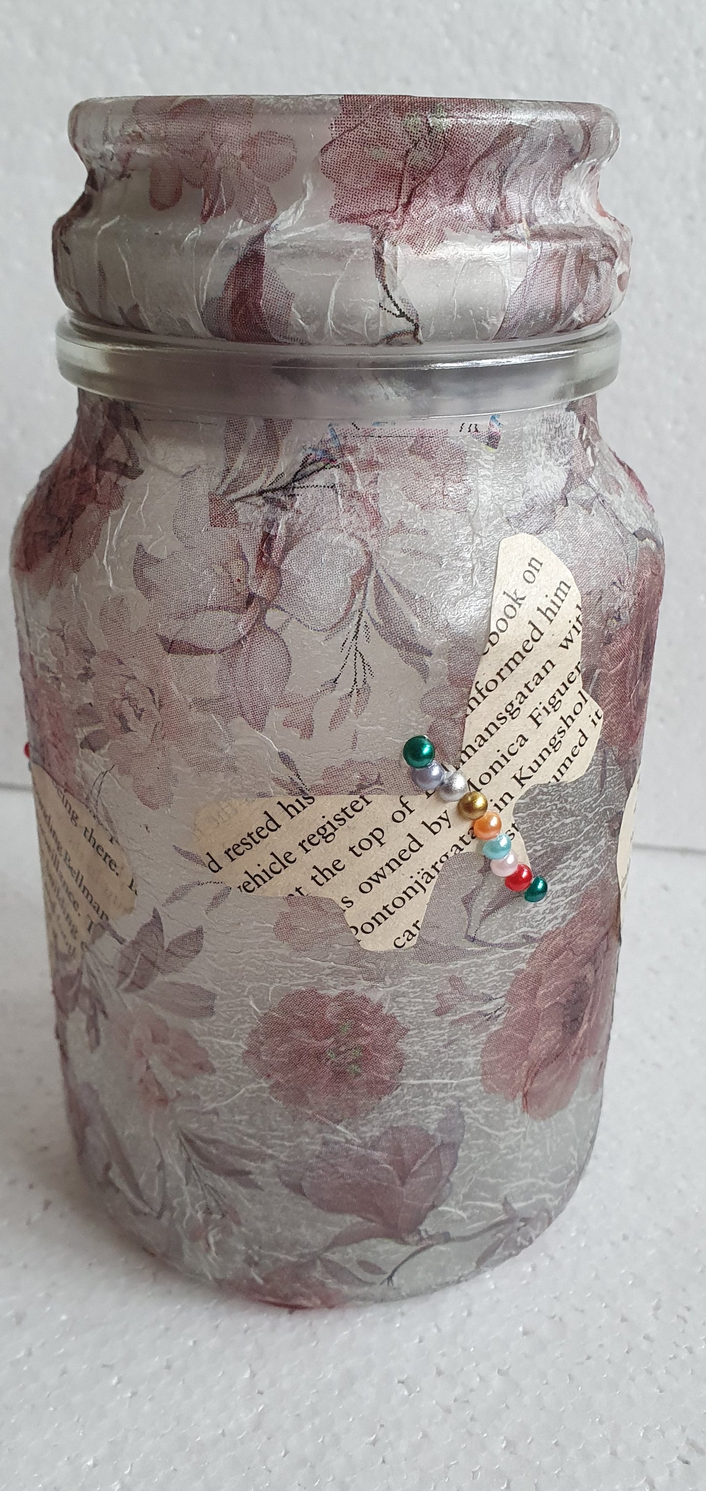 Medium 'Chunky' Hand Decorated Glass Pin Cushion Jar Floral Book Page Butterflies Crafters Gift