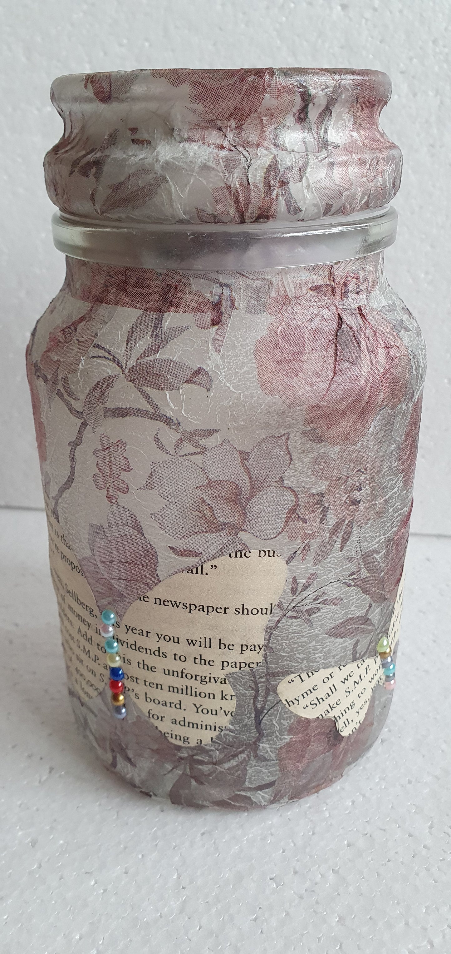 Medium 'Chunky' Hand Decorated Glass Pin Cushion Jar Floral Book Page Butterflies Crafters Gift
