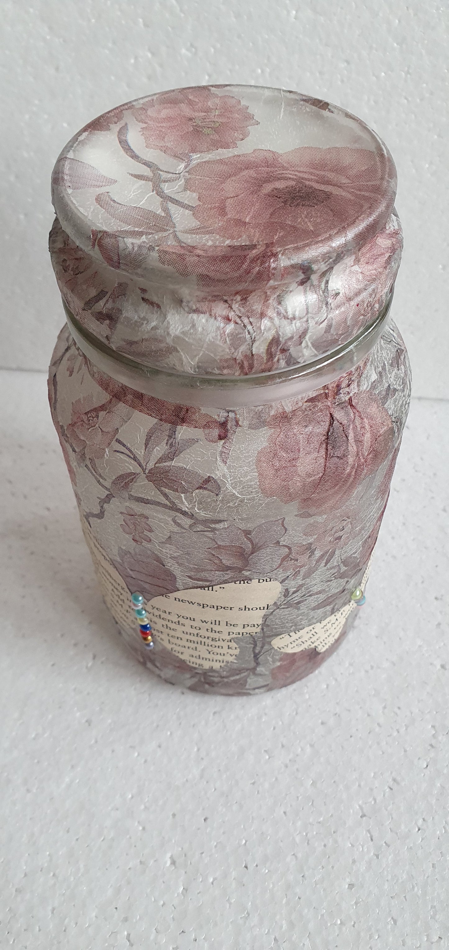 Medium 'Chunky' Hand Decorated Glass Pin Cushion Jar Floral Book Page Butterflies Crafters Gift