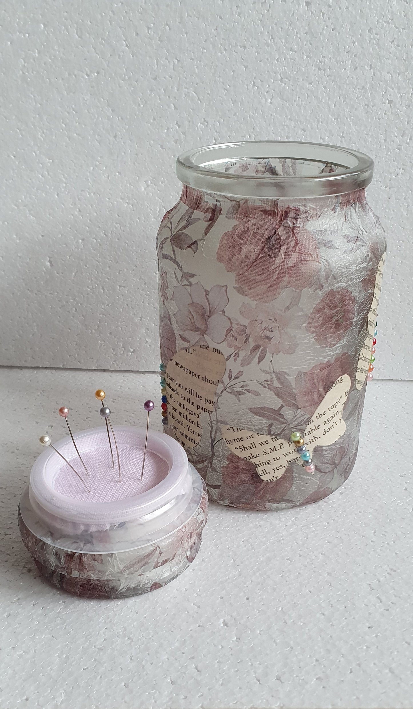 Medium 'Chunky' Hand Decorated Glass Pin Cushion Jar Floral Book Page Butterflies Crafters Gift