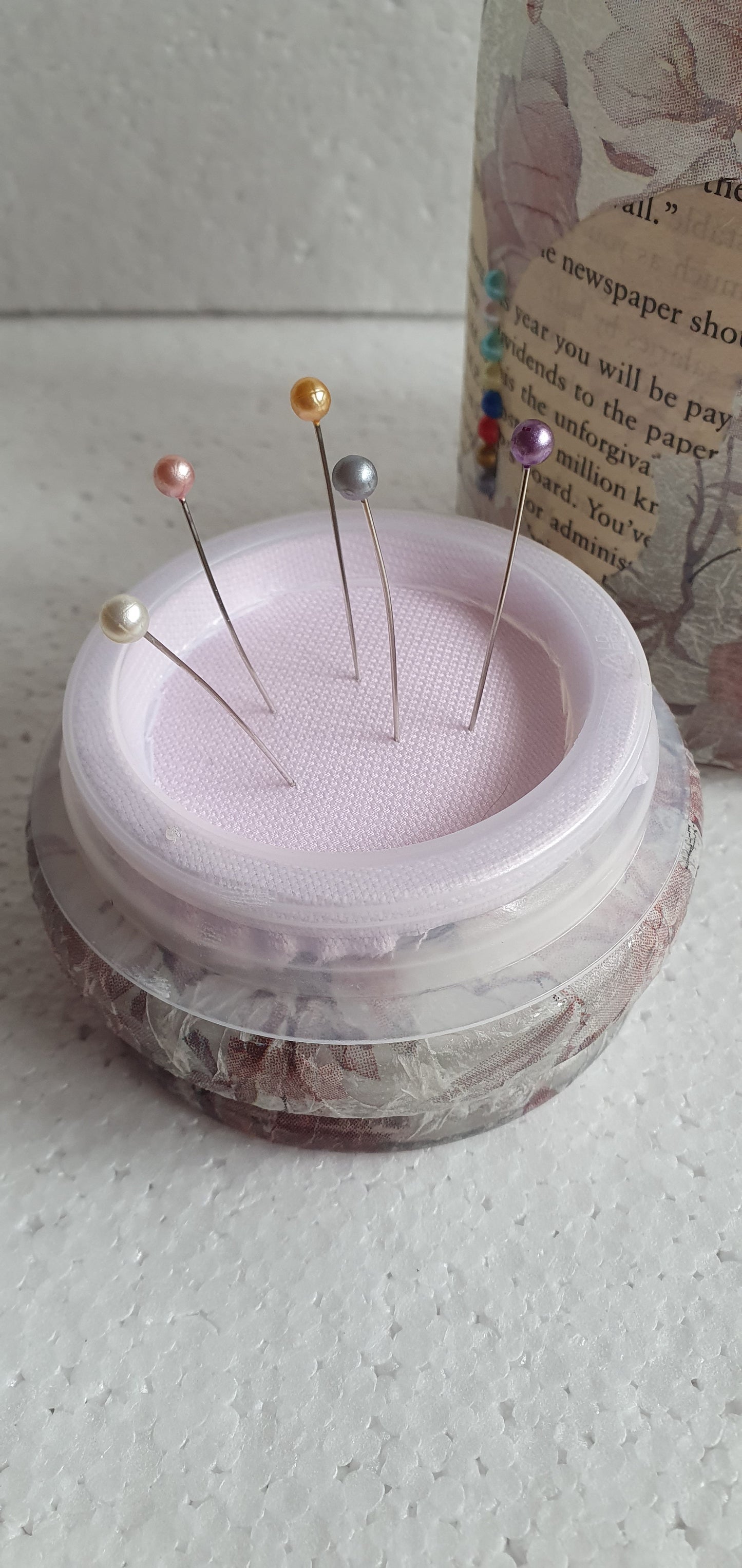 Medium 'Chunky' Hand Decorated Glass Pin Cushion Jar Floral Book Page Butterflies Crafters Gift