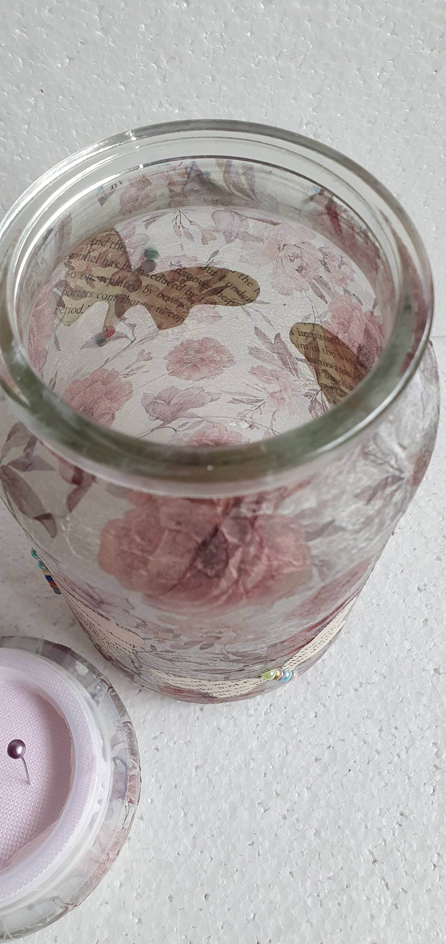 Medium 'Chunky' Hand Decorated Glass Pin Cushion Jar Floral Book Page Butterflies Crafters Gift