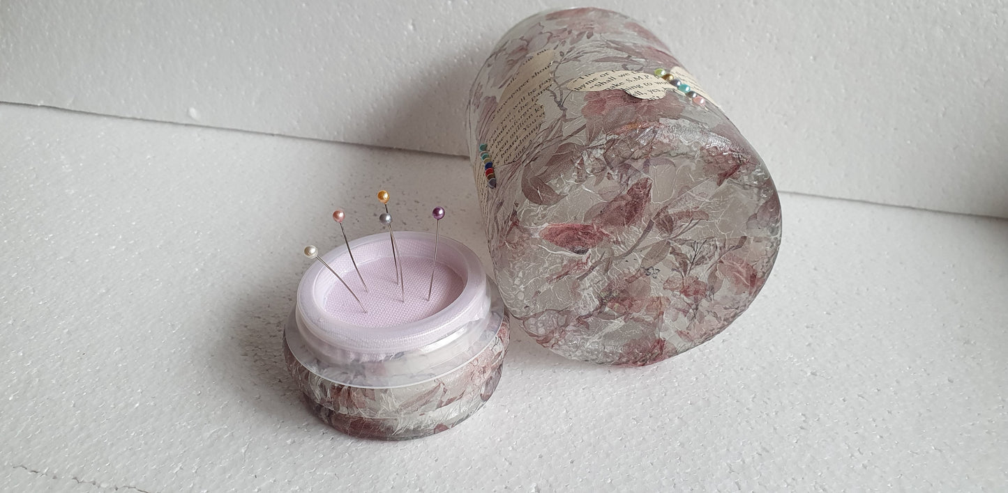 Medium 'Chunky' Hand Decorated Glass Pin Cushion Jar Floral Book Page Butterflies Crafters Gift