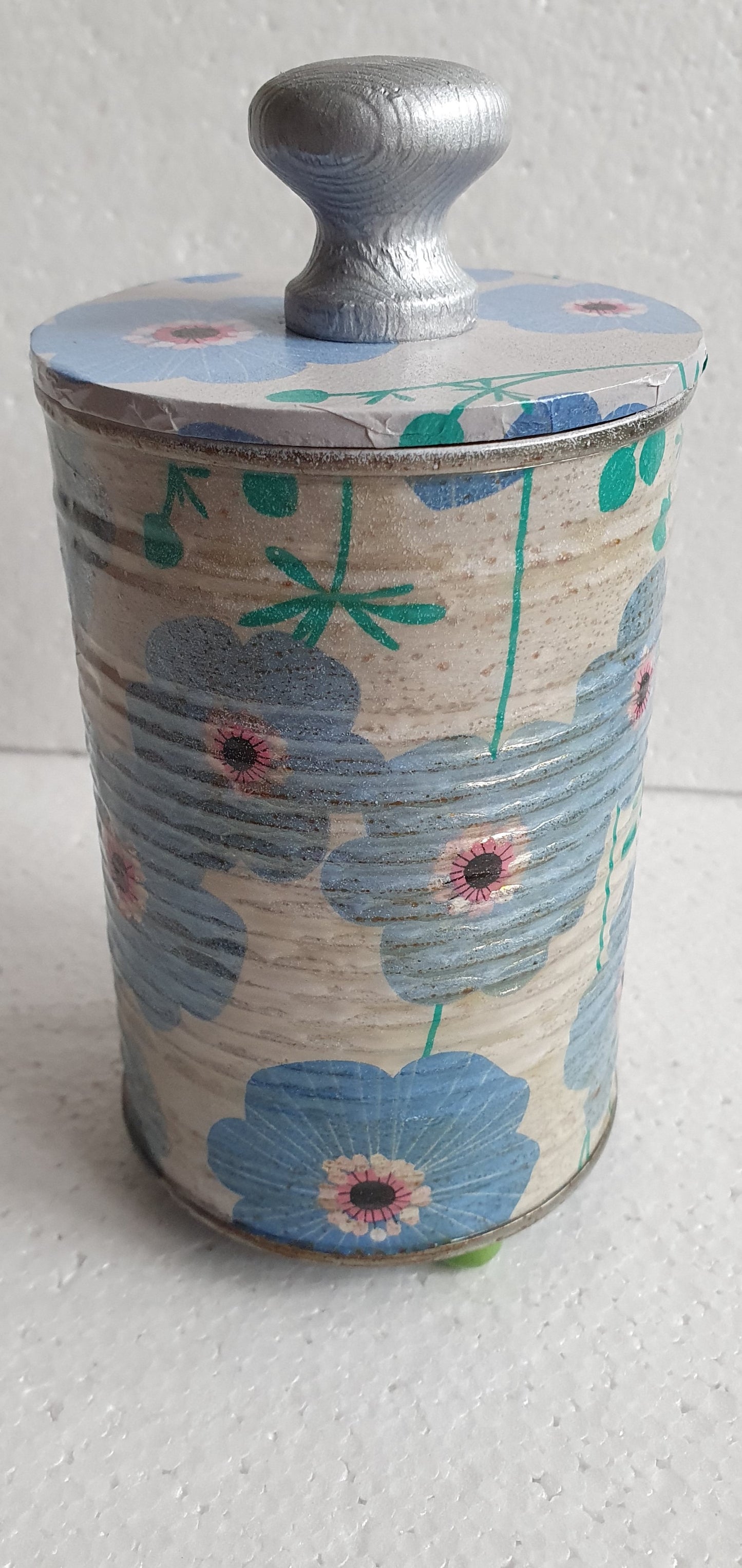 Upcycle Tin Can Desk Tidy With Lid Blue White Flower Pattern Decoupage Hand Decorated Home Decor Gift