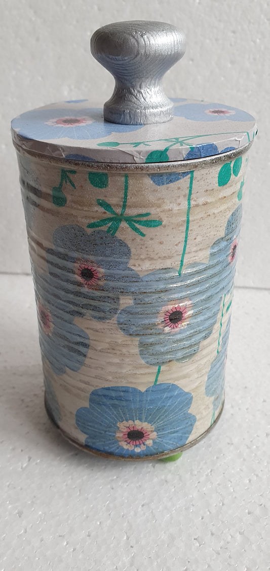 Upcycle Tin Can Desk Tidy With Lid Blue White Flower Pattern Decoupage Hand Decorated Home Decor Gift