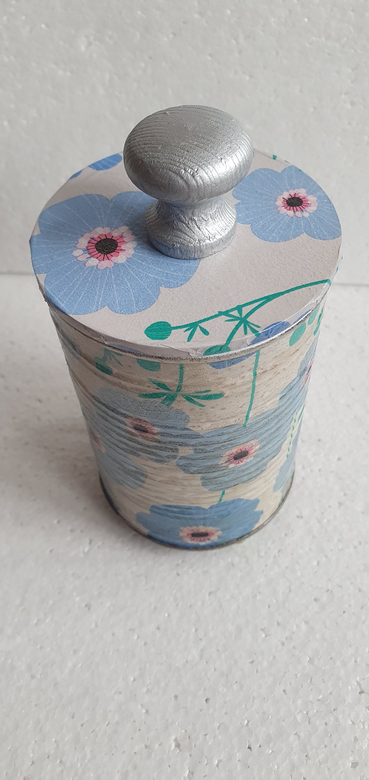 Upcycle Tin Can Desk Tidy With Lid Blue White Flower Pattern Decoupage Hand Decorated Home Decor Gift