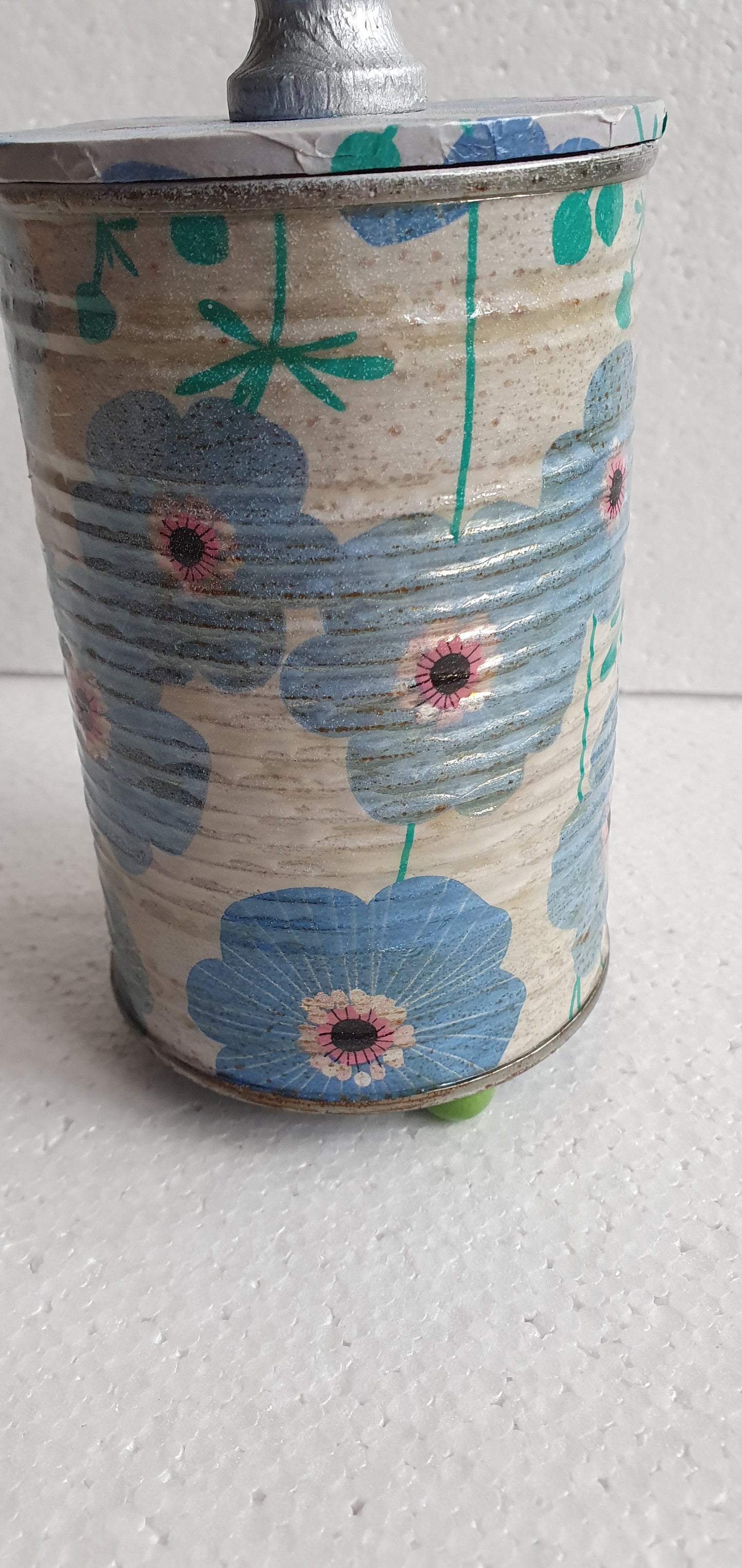 Upcycle Tin Can Desk Tidy With Lid Blue White Flower Pattern Decoupage Hand Decorated Home Decor Gift