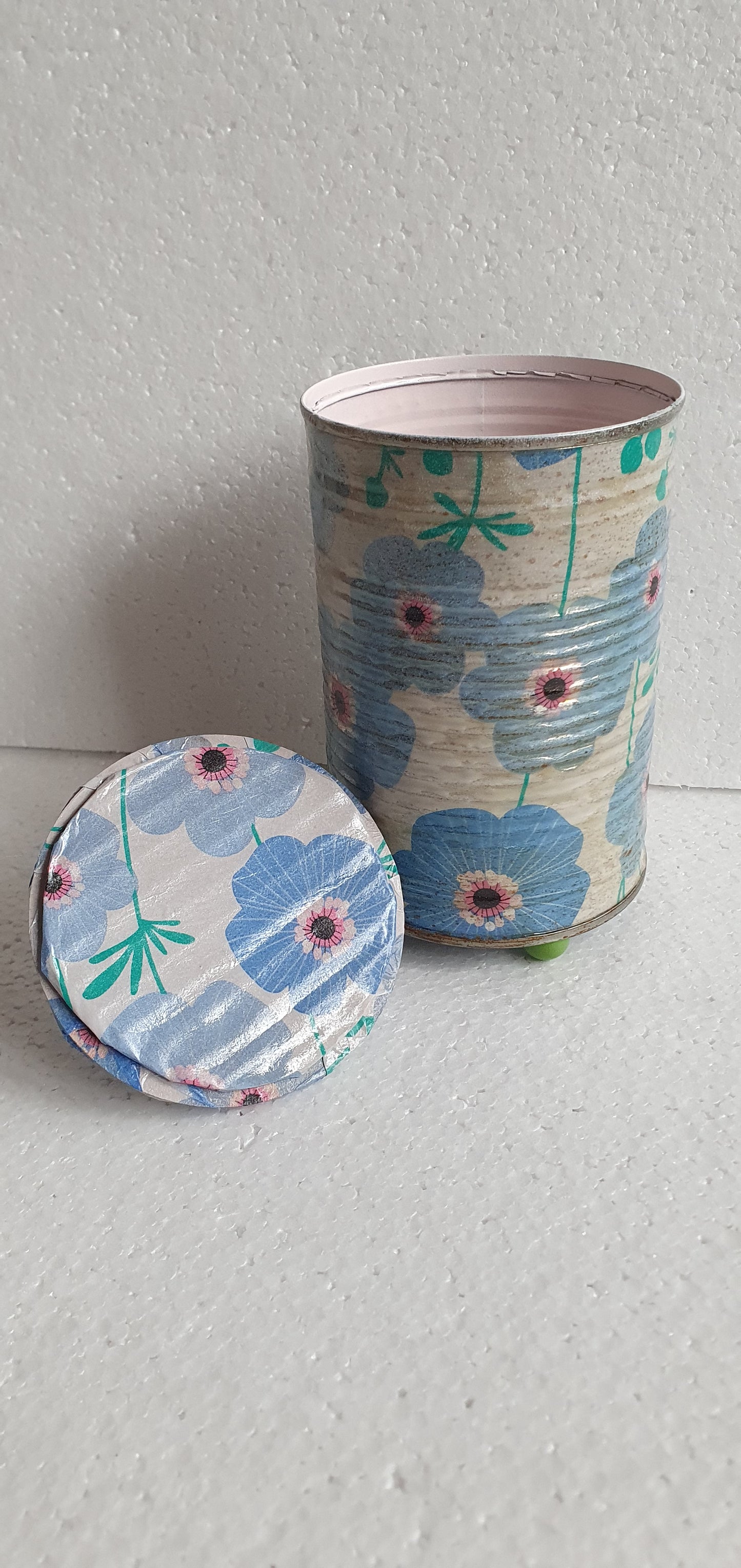 Upcycle Tin Can Desk Tidy With Lid Blue White Flower Pattern Decoupage Hand Decorated Home Decor Gift