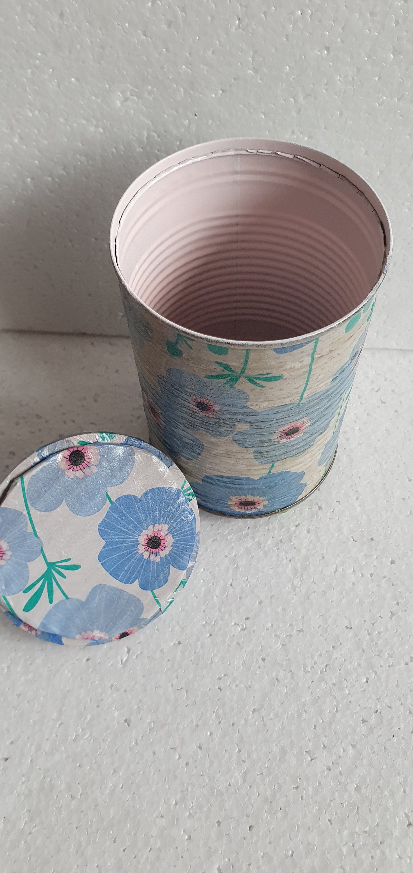Upcycle Tin Can Desk Tidy With Lid Blue White Flower Pattern Decoupage Hand Decorated Home Decor Gift