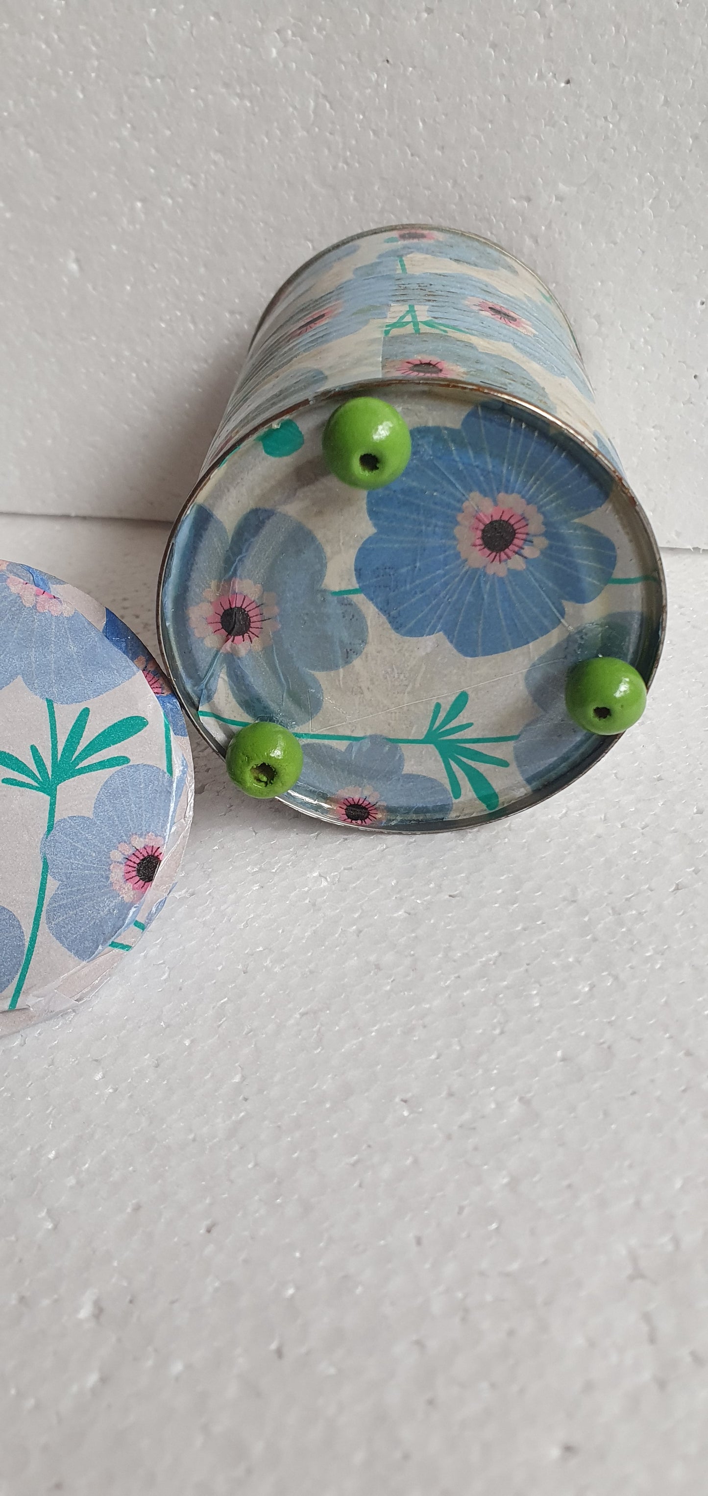 Upcycle Tin Can Desk Tidy With Lid Blue White Flower Pattern Decoupage Hand Decorated Home Decor Gift