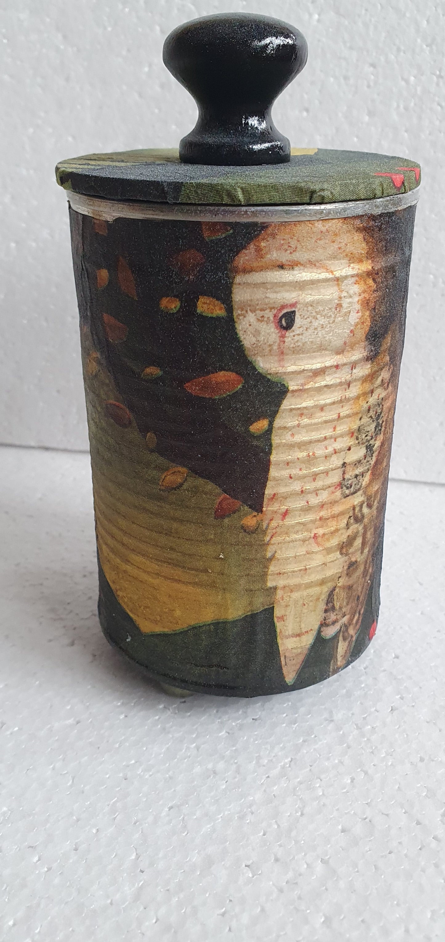 Upcycle Tin Can Desk Tidy With Lid Autumn Barn Owl Pattern Decoupage Hand Decorated Home Decor Gift
