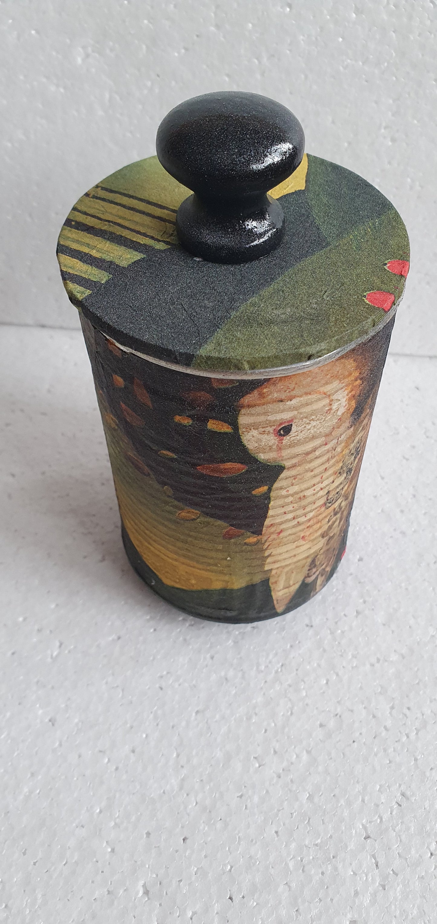 Upcycle Tin Can Desk Tidy With Lid Autumn Barn Owl Pattern Decoupage Hand Decorated Home Decor Gift
