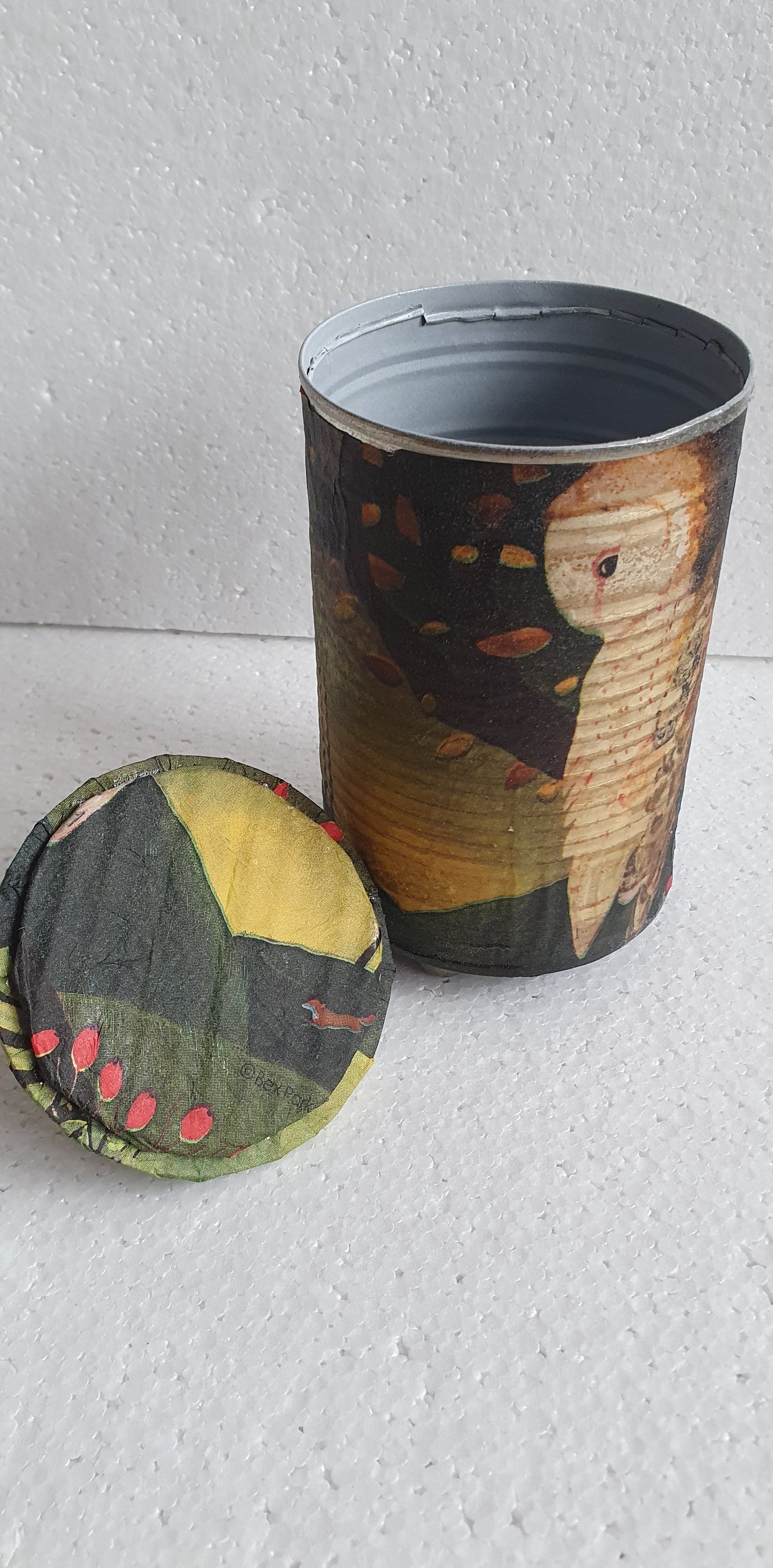 Upcycle Tin Can Desk Tidy With Lid Autumn Barn Owl Pattern Decoupage Hand Decorated Home Decor Gift