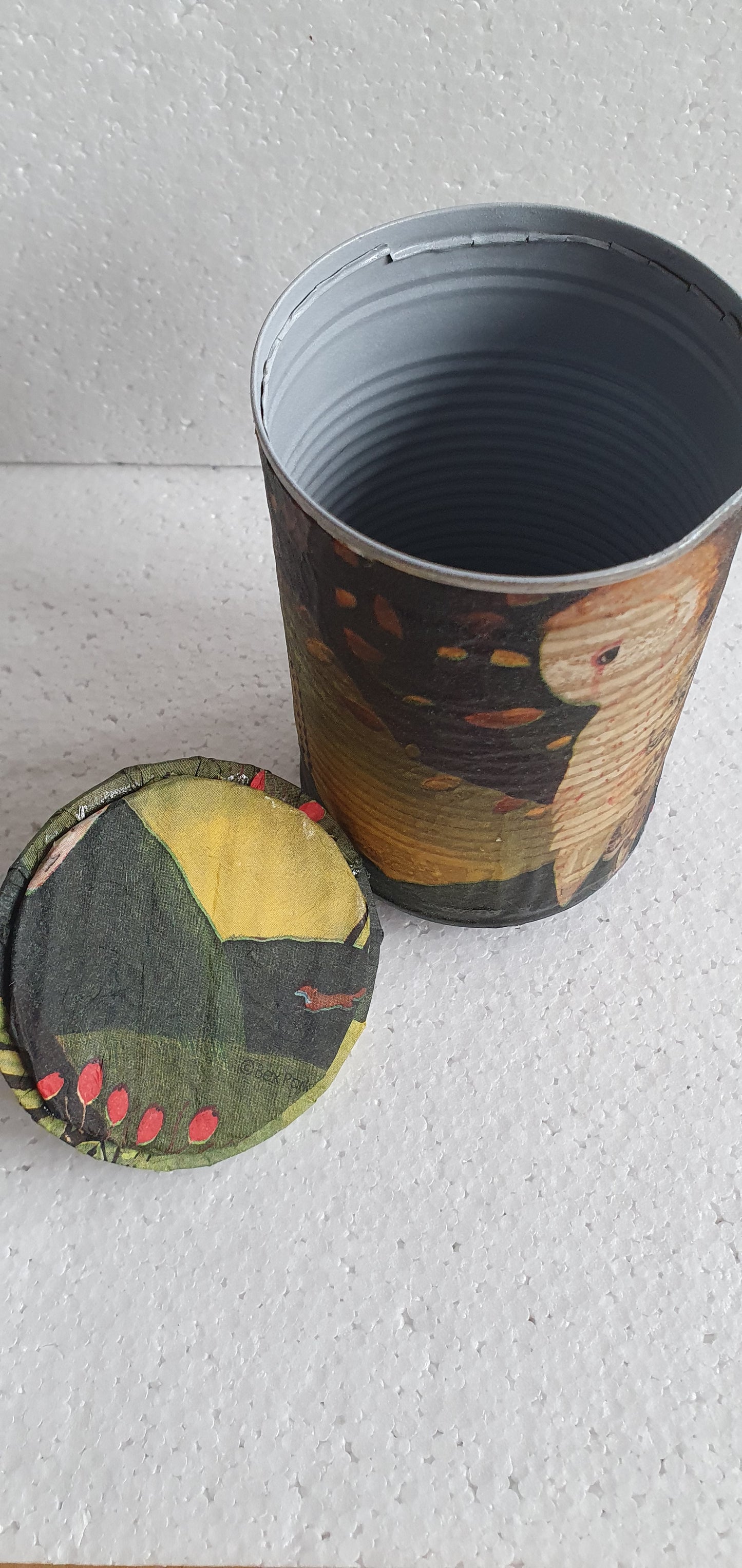 Upcycle Tin Can Desk Tidy With Lid Autumn Barn Owl Pattern Decoupage Hand Decorated Home Decor Gift