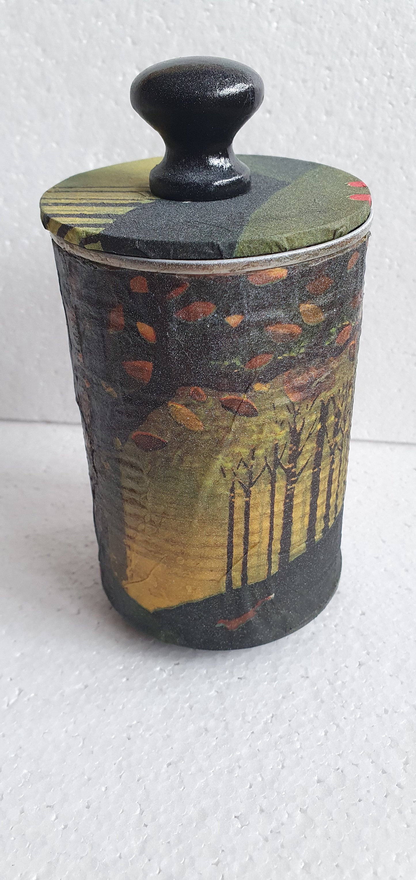 Upcycle Tin Can Desk Tidy With Lid Autumn Barn Owl Pattern Decoupage Hand Decorated Home Decor Gift