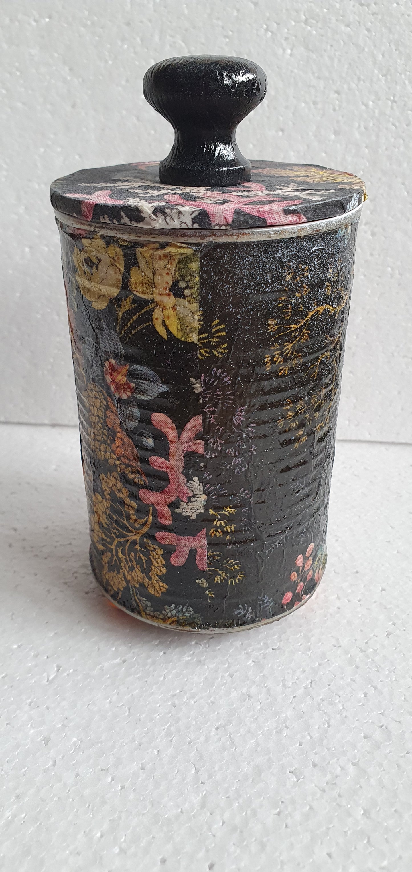 Upcycle Tin Can Desk Tidy With Lid Black Pink Marine Flower Pattern Decoupage Hand Decorated Home Decor Gift 2