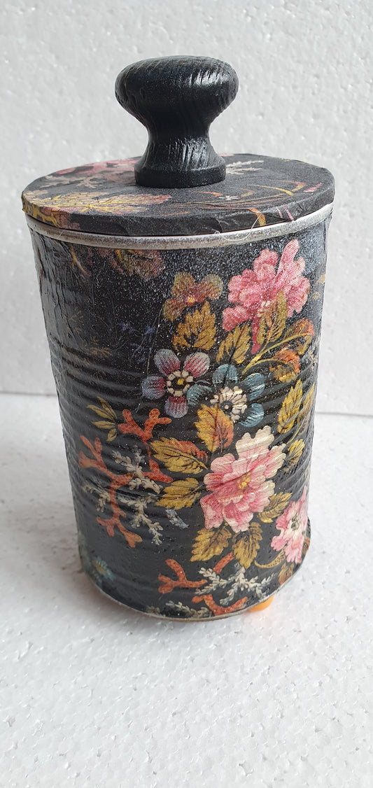 Upcycle Tin Can Desk Tidy With Lid Black Pink Marine Flower Pattern Decoupage Hand Decorated Home Decor Gift 2