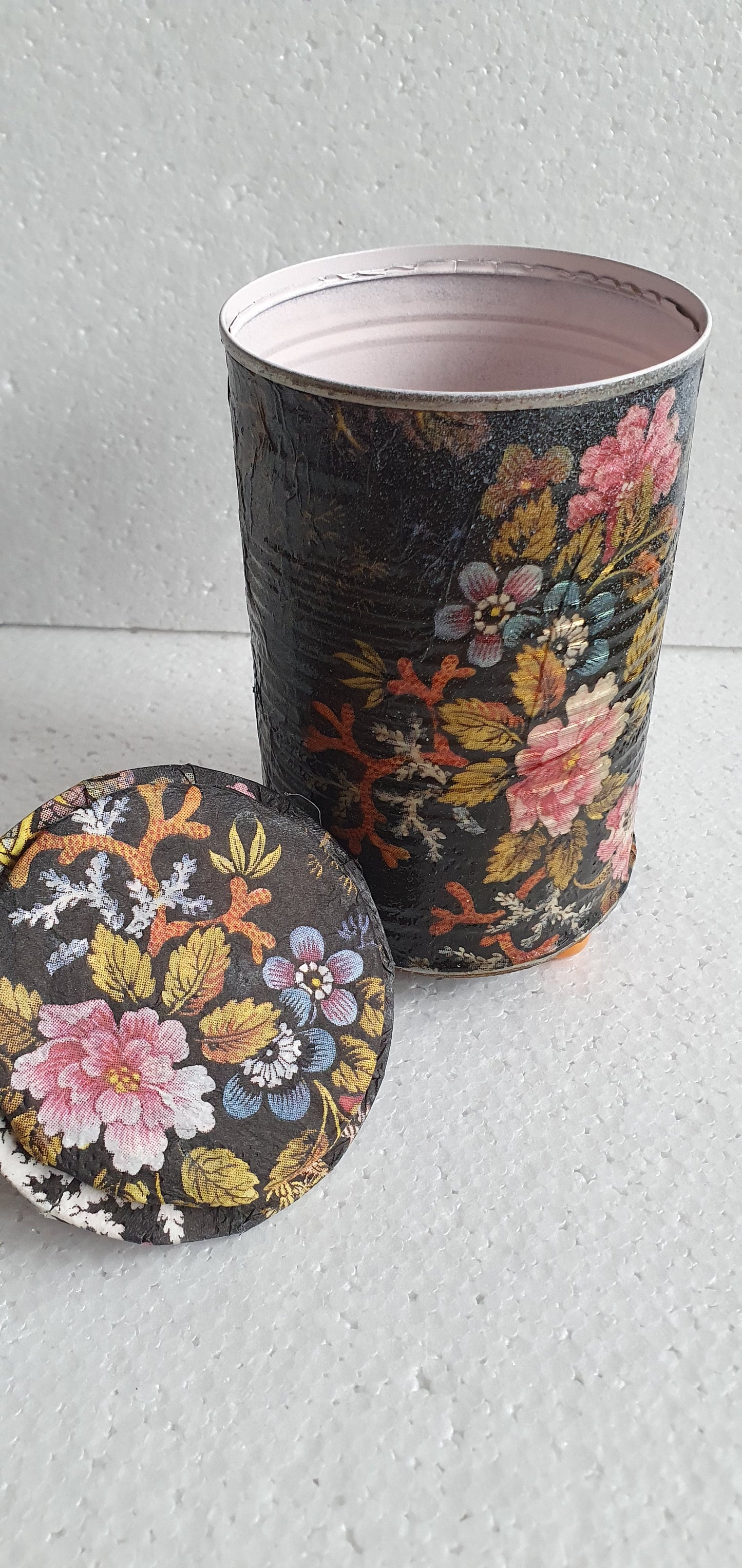 Upcycle Tin Can Desk Tidy With Lid Black Pink Marine Flower Pattern Decoupage Hand Decorated Home Decor Gift 2