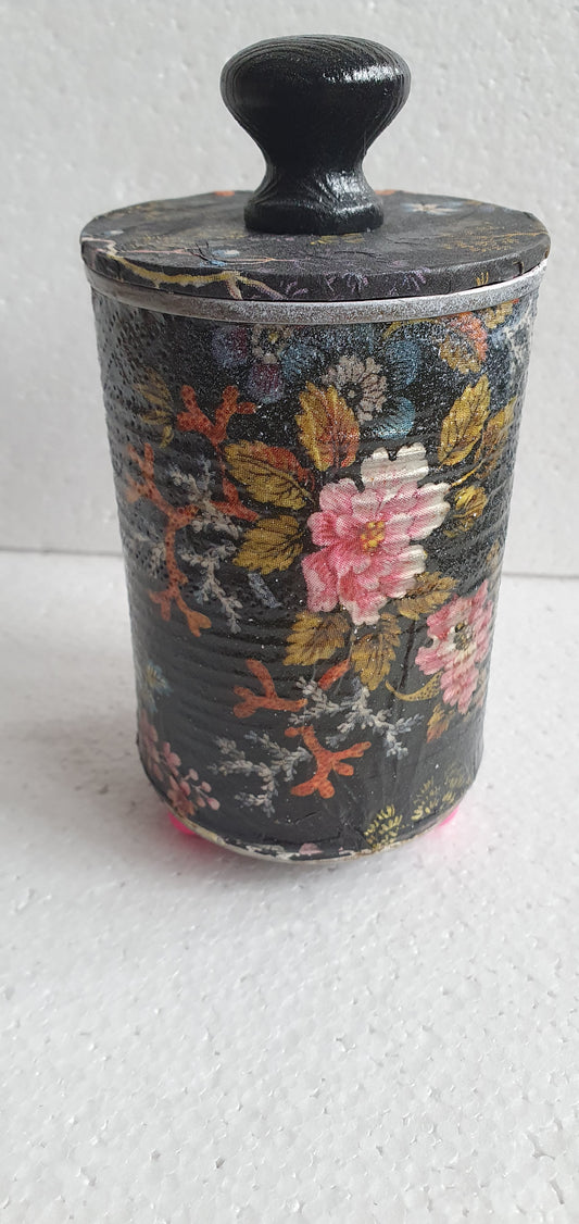 Upcycle Tin Can Desk Tidy With Lid Black Pink Marine Flower Pattern Decoupage Hand Decorated Home Decor Gift 1