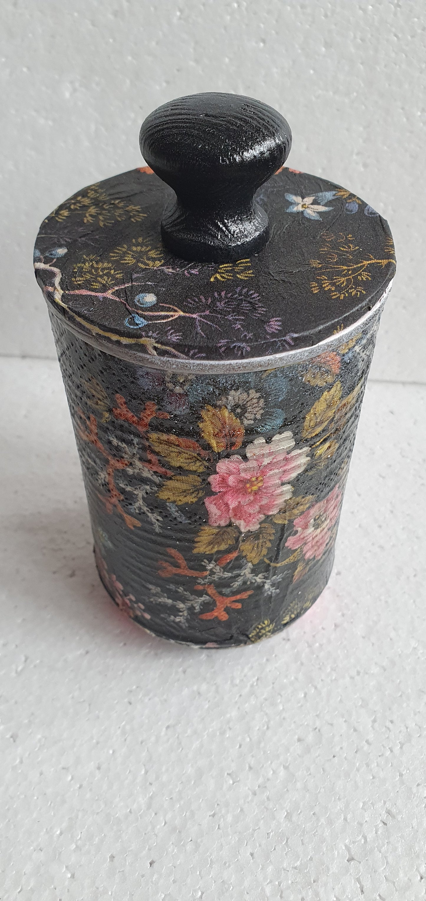 Upcycle Tin Can Desk Tidy With Lid Black Pink Marine Flower Pattern Decoupage Hand Decorated Home Decor Gift 1