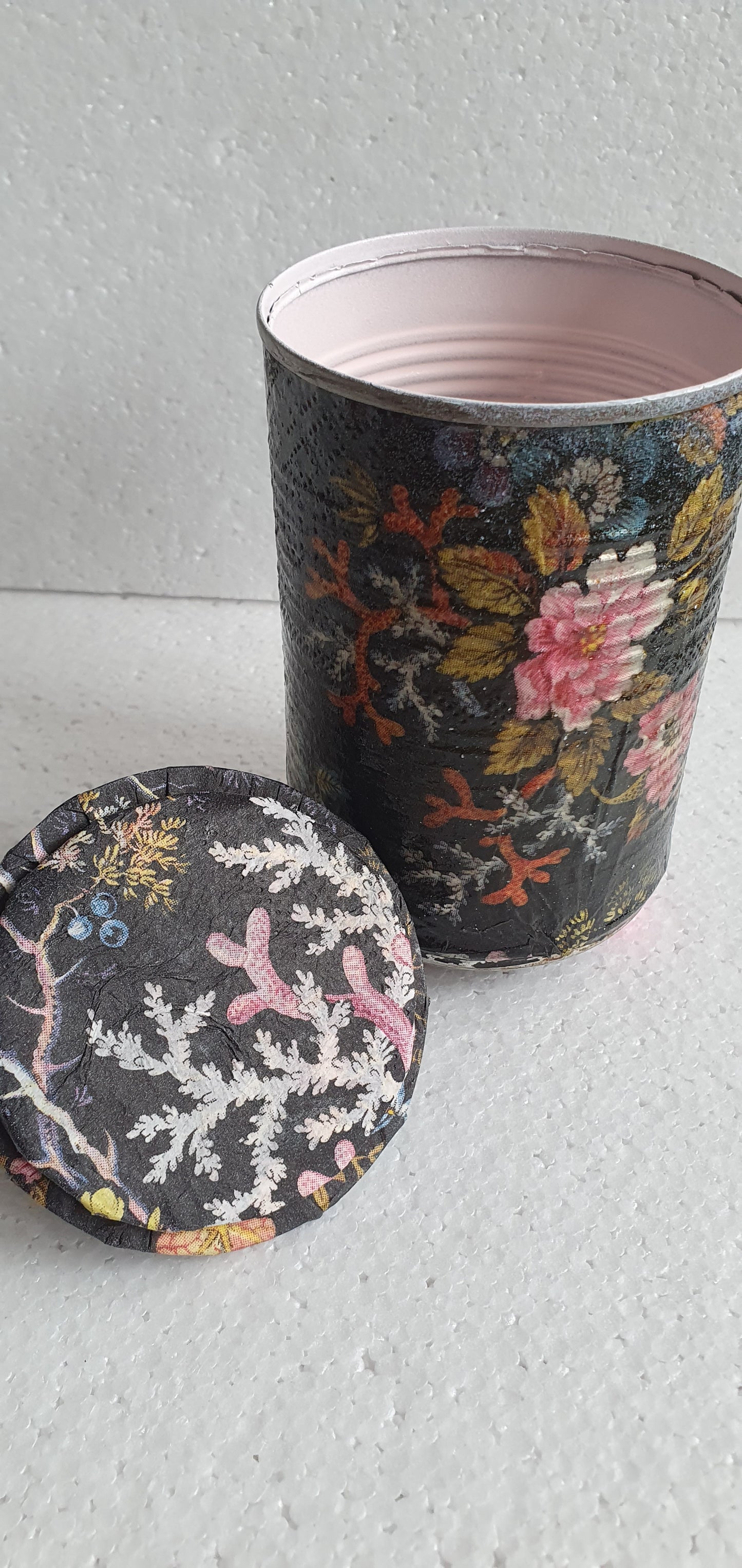 Upcycle Tin Can Desk Tidy With Lid Black Pink Marine Flower Pattern Decoupage Hand Decorated Home Decor Gift 1