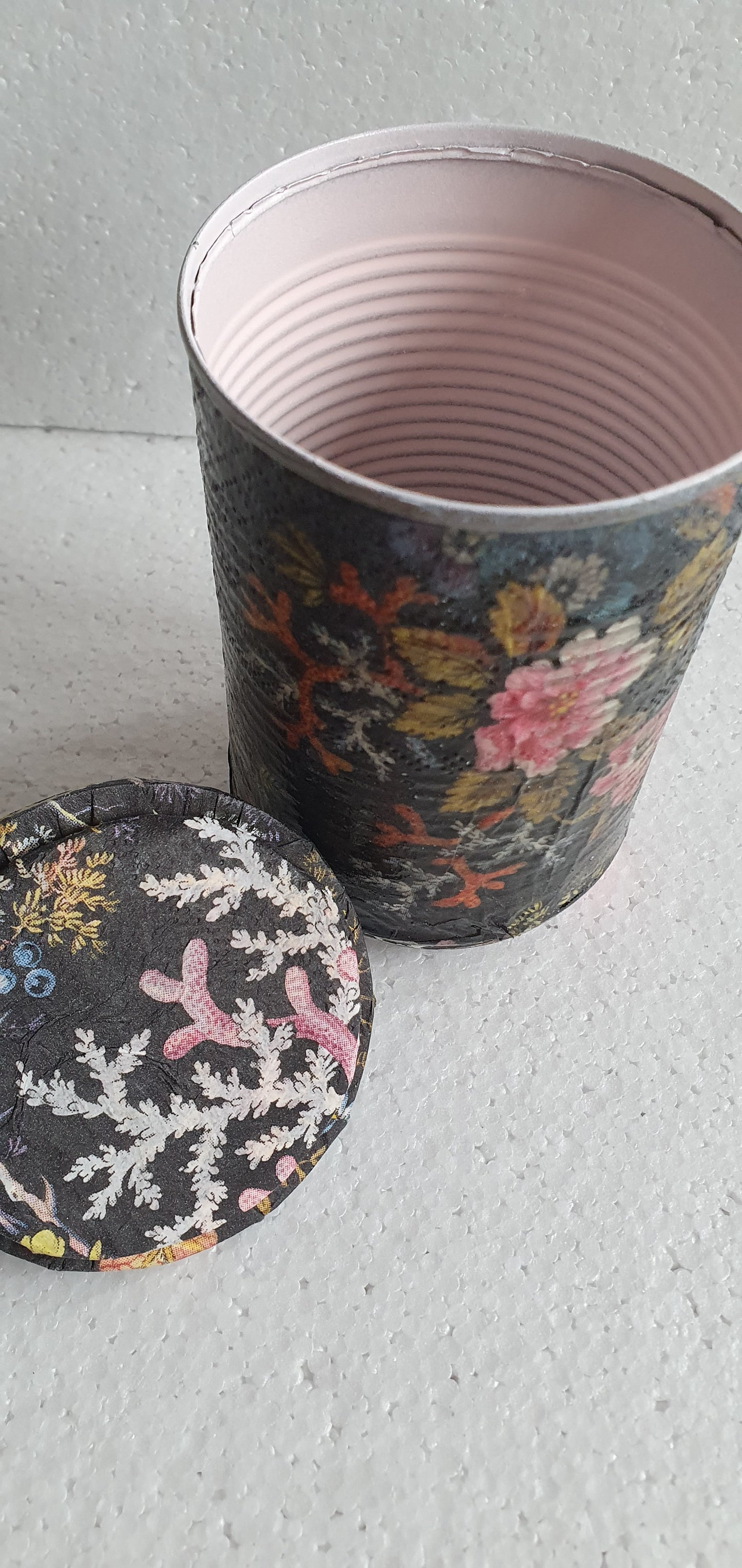 Upcycle Tin Can Desk Tidy With Lid Black Pink Marine Flower Pattern Decoupage Hand Decorated Home Decor Gift 1
