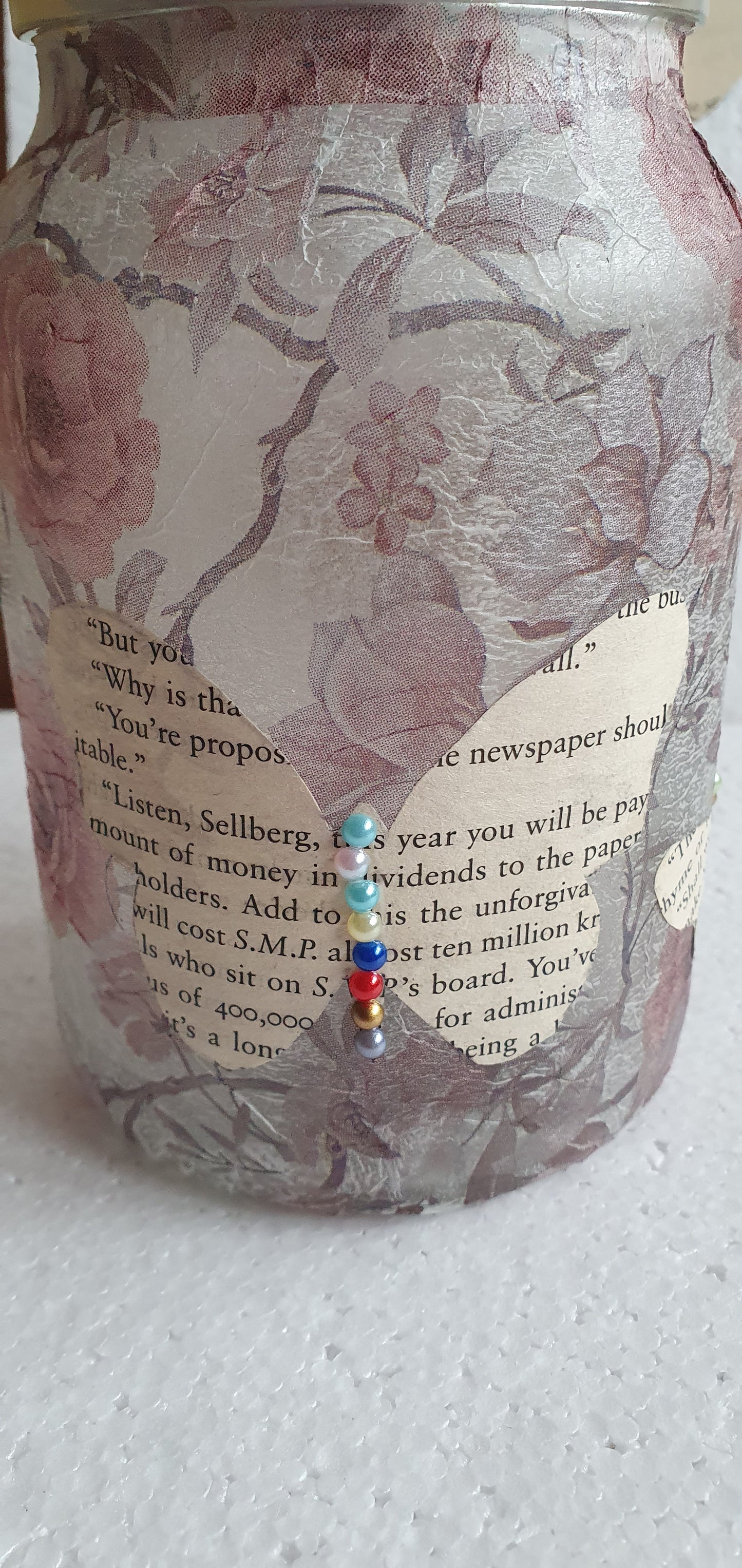 Medium 'Chunky' Hand Decorated Glass Pin Cushion Jar Floral Book Page Butterflies Crafters Gift