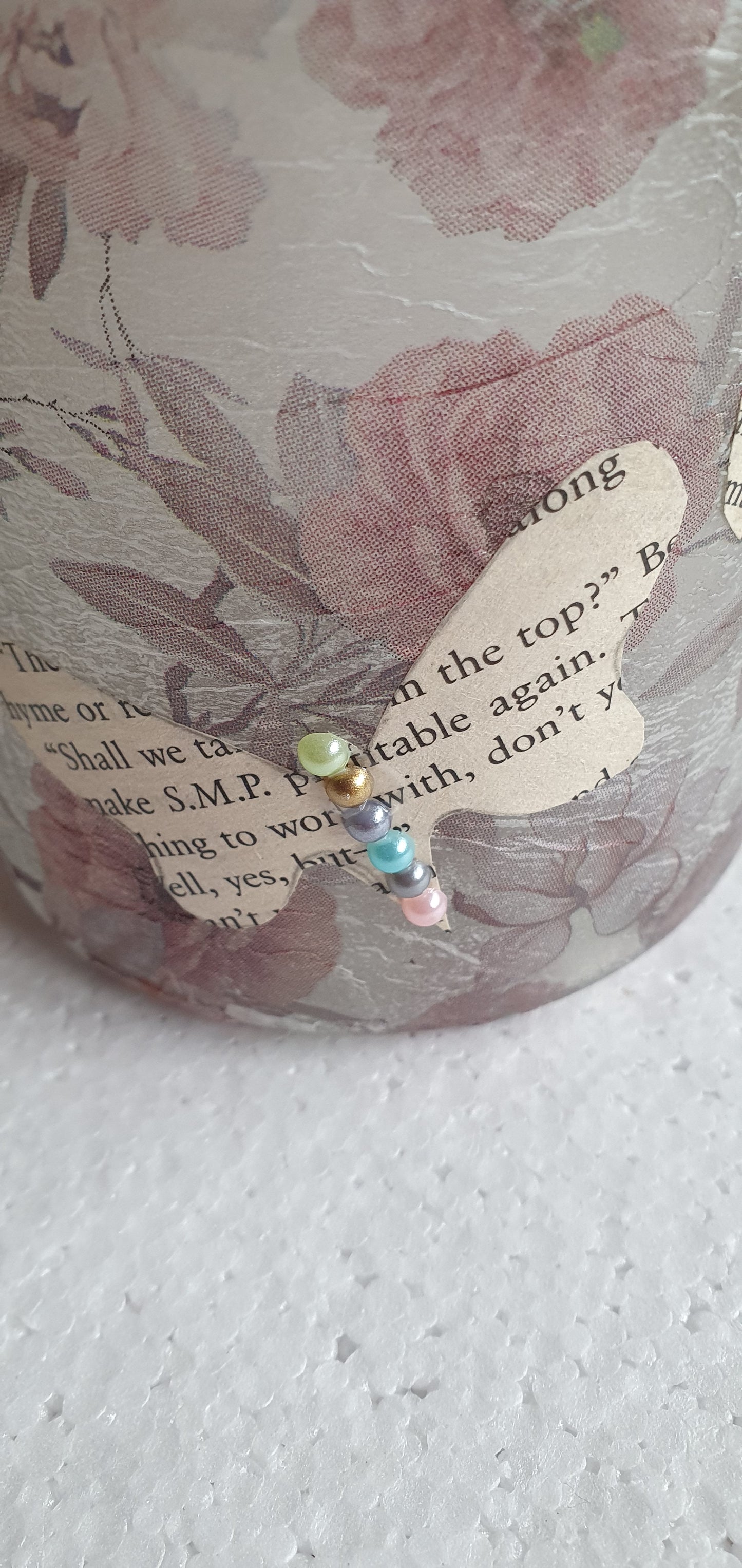 Medium 'Chunky' Hand Decorated Glass Pin Cushion Jar Floral Book Page Butterflies Crafters Gift