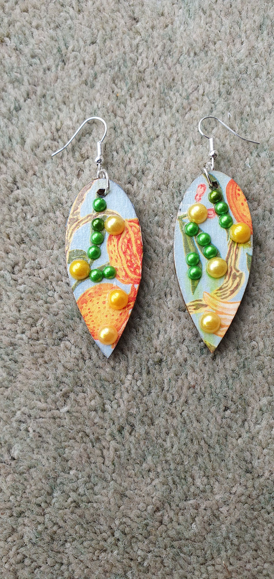 Decoupage Blue Orange Green Wooden Leaf Shape Dangle Earrings
