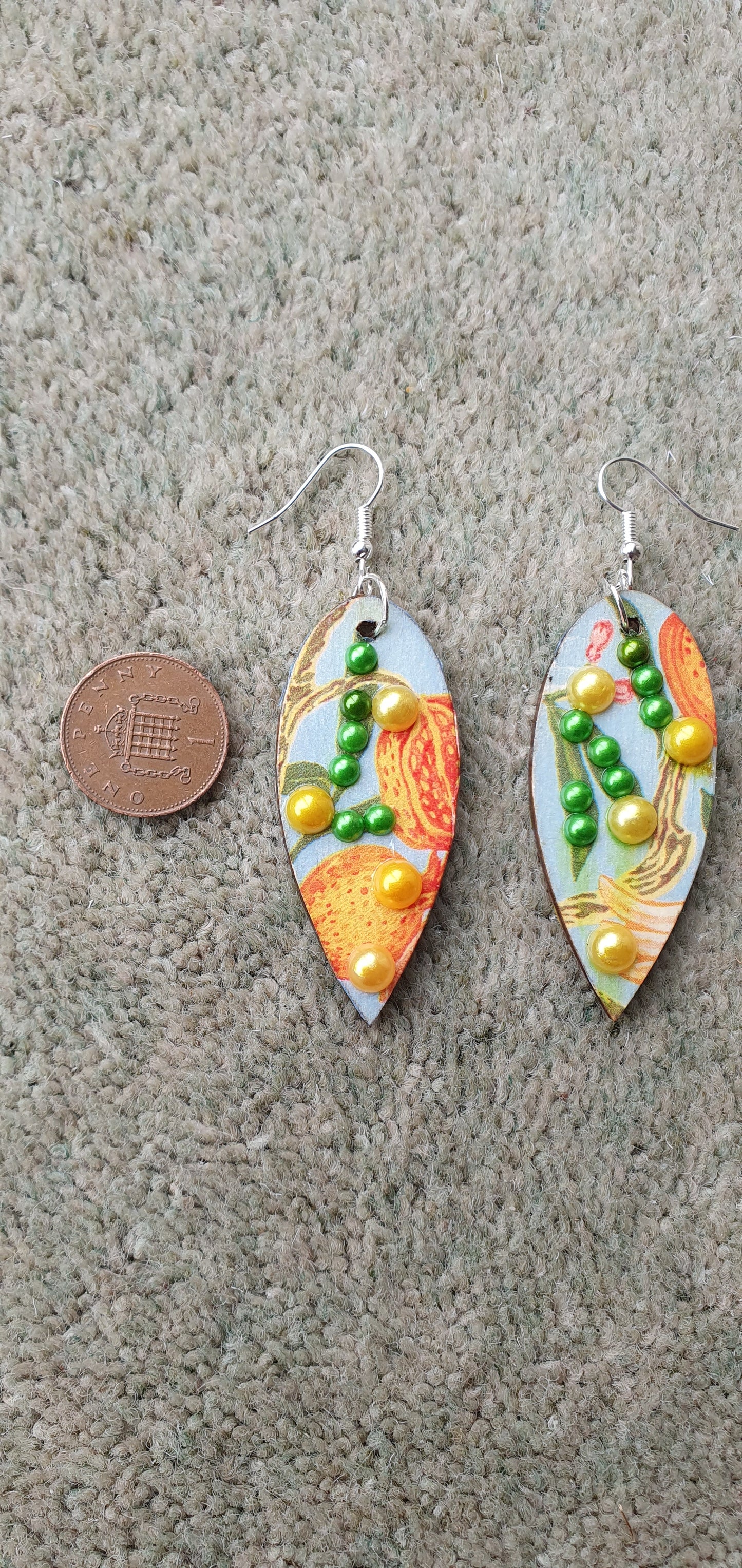 Decoupage Blue Orange Green Wooden Leaf Shape Dangle Earrings