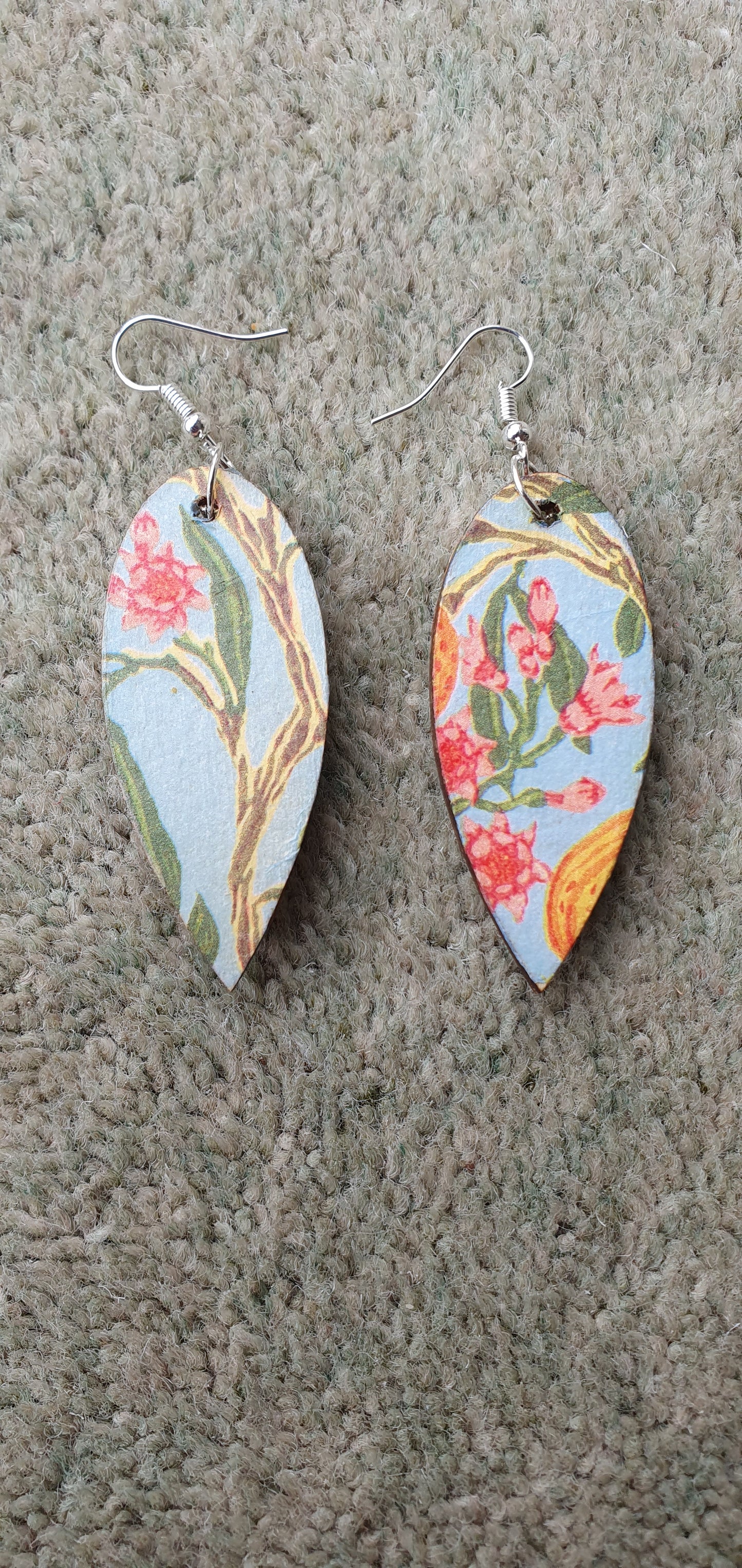 Decoupage Blue Orange Green Wooden Leaf Shape Dangle Earrings