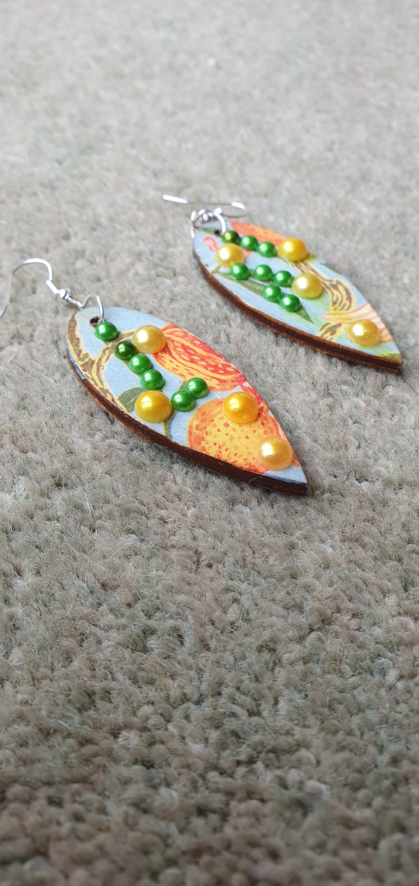 Decoupage Blue Orange Green Wooden Leaf Shape Dangle Earrings