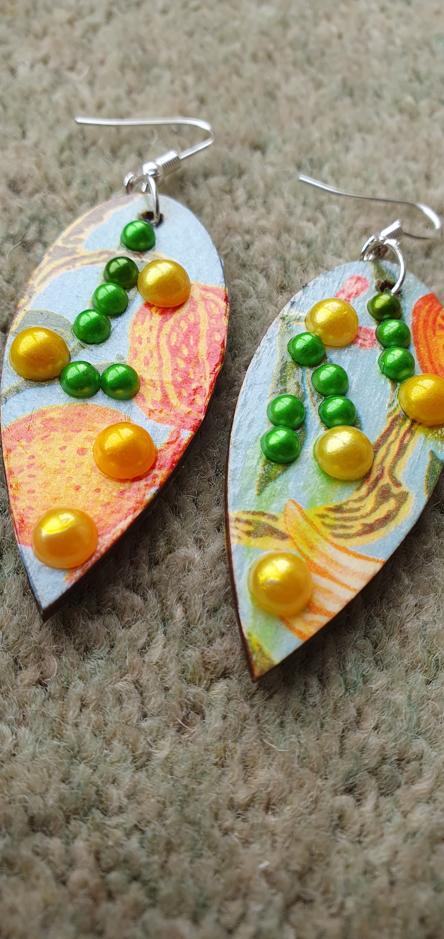 Decoupage Blue Orange Green Wooden Leaf Shape Dangle Earrings
