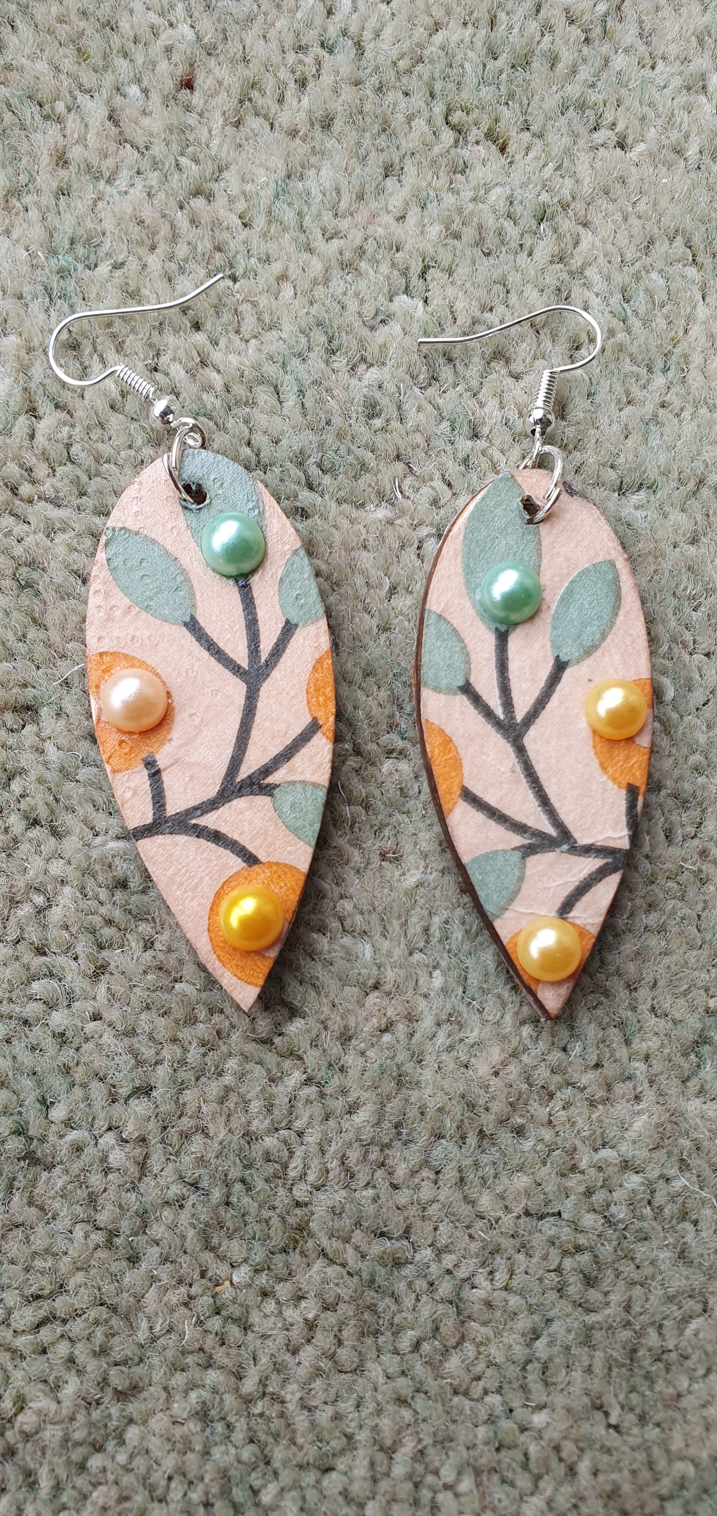 Decoupage Green Orange Brown Wooden Leaf Shape Dangle Earrings