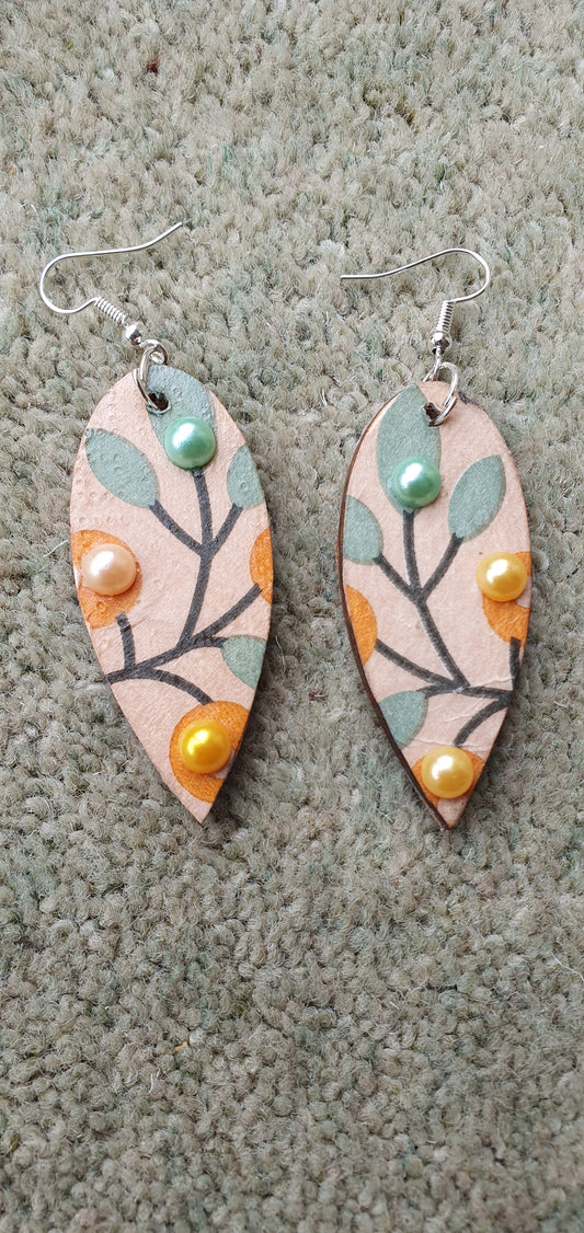 Decoupage Green Orange Brown Wooden Leaf Shape Dangle Earrings