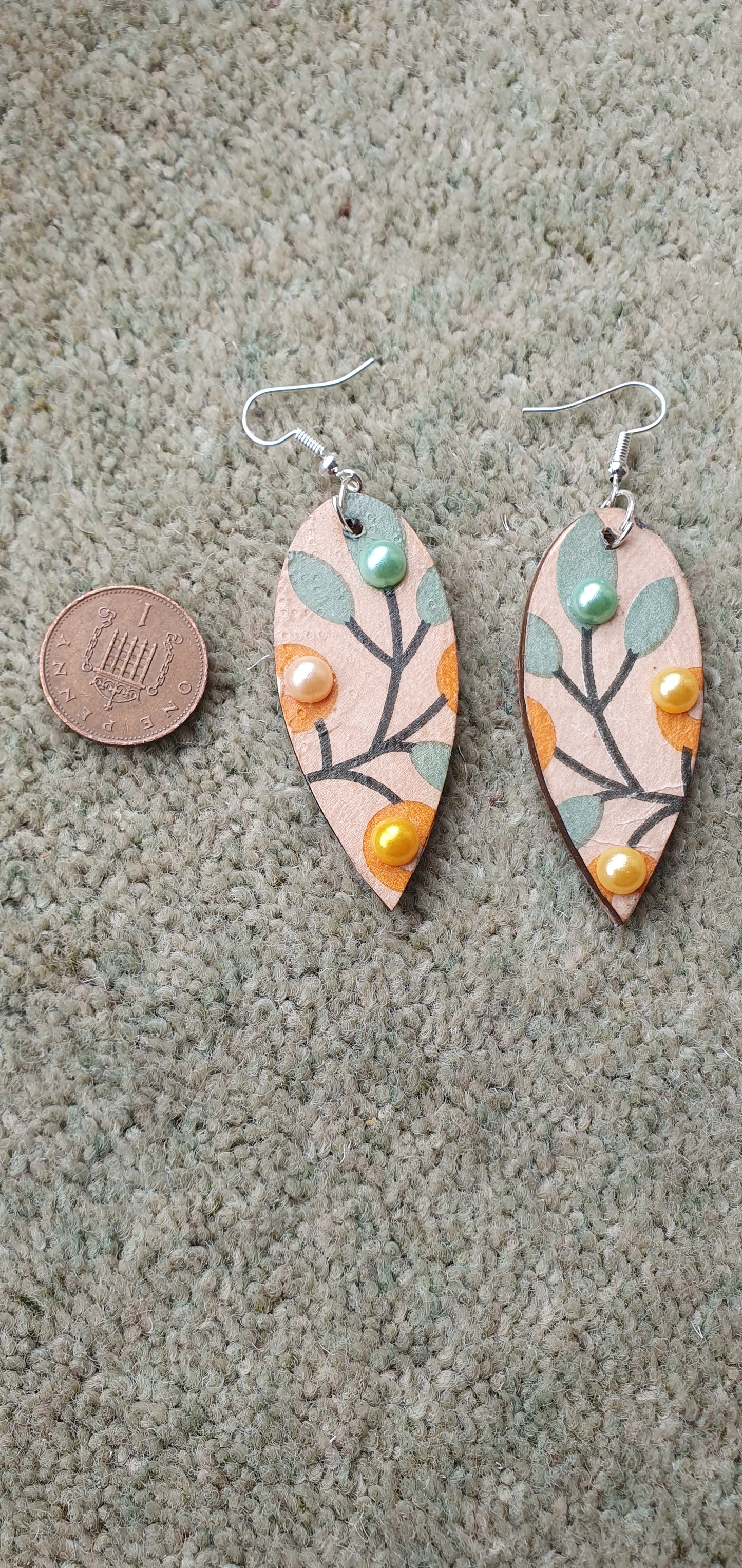 Decoupage Green Orange Brown Wooden Leaf Shape Dangle Earrings