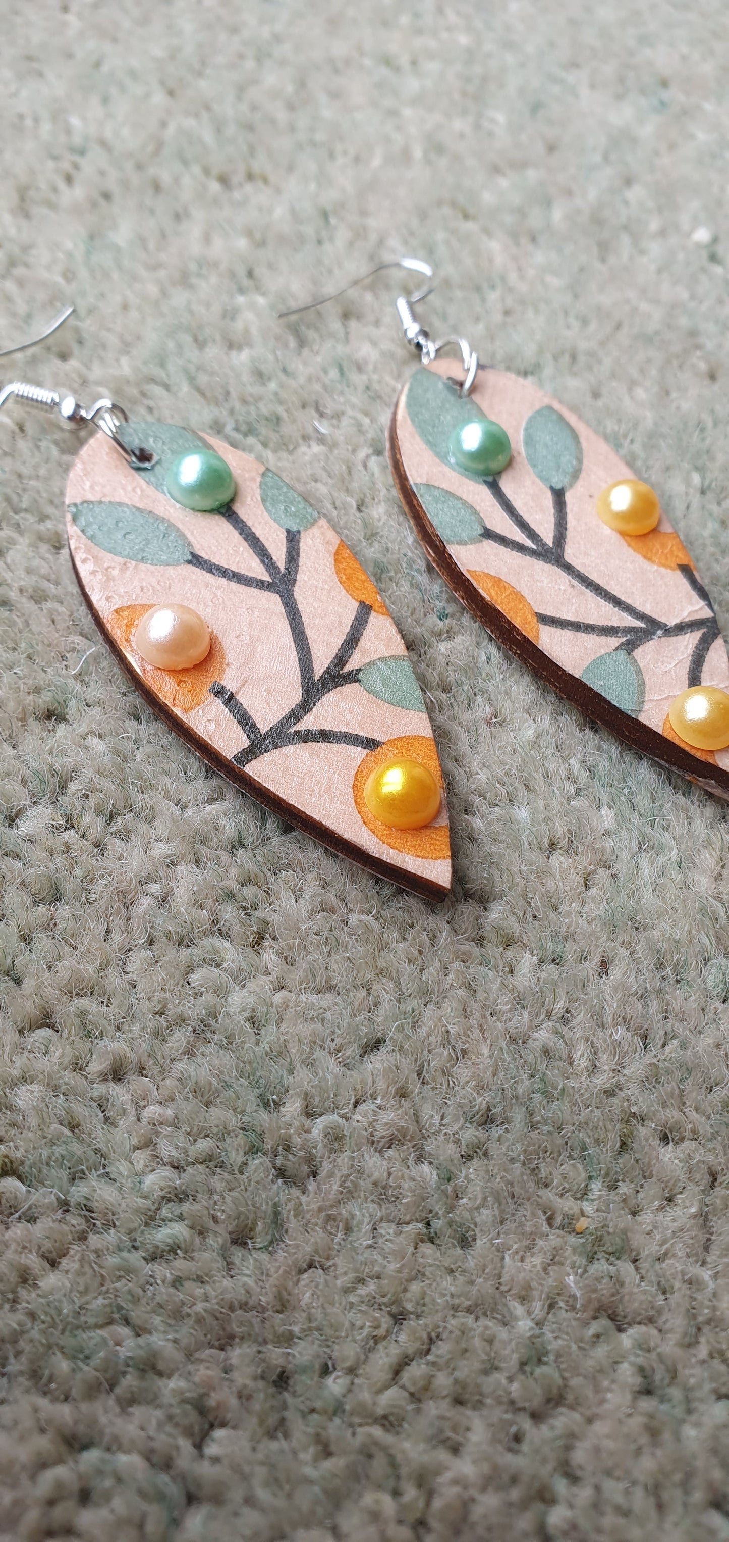 Decoupage Green Orange Brown Wooden Leaf Shape Dangle Earrings