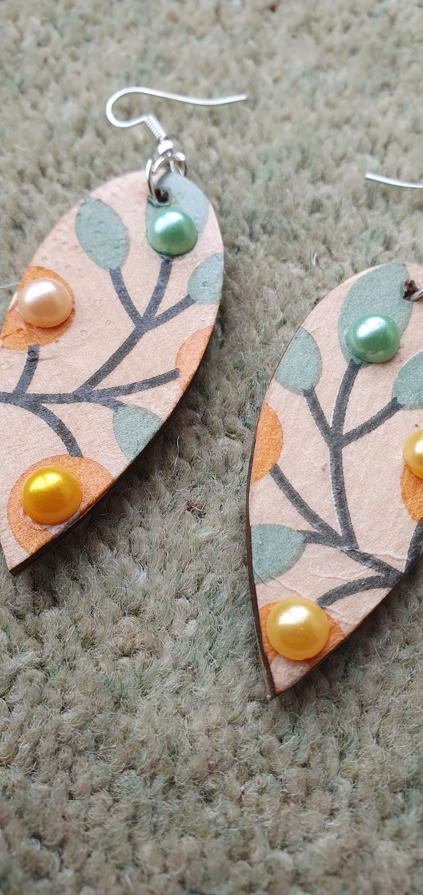 Decoupage Green Orange Brown Wooden Leaf Shape Dangle Earrings