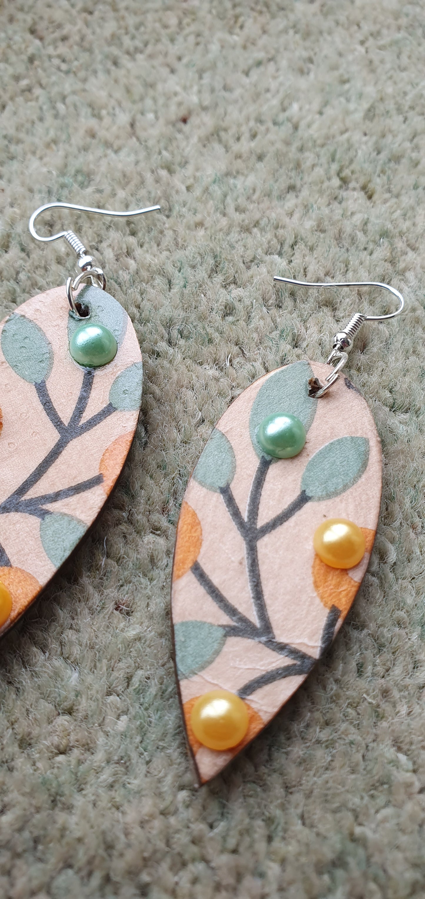 Decoupage Green Orange Brown Wooden Leaf Shape Dangle Earrings
