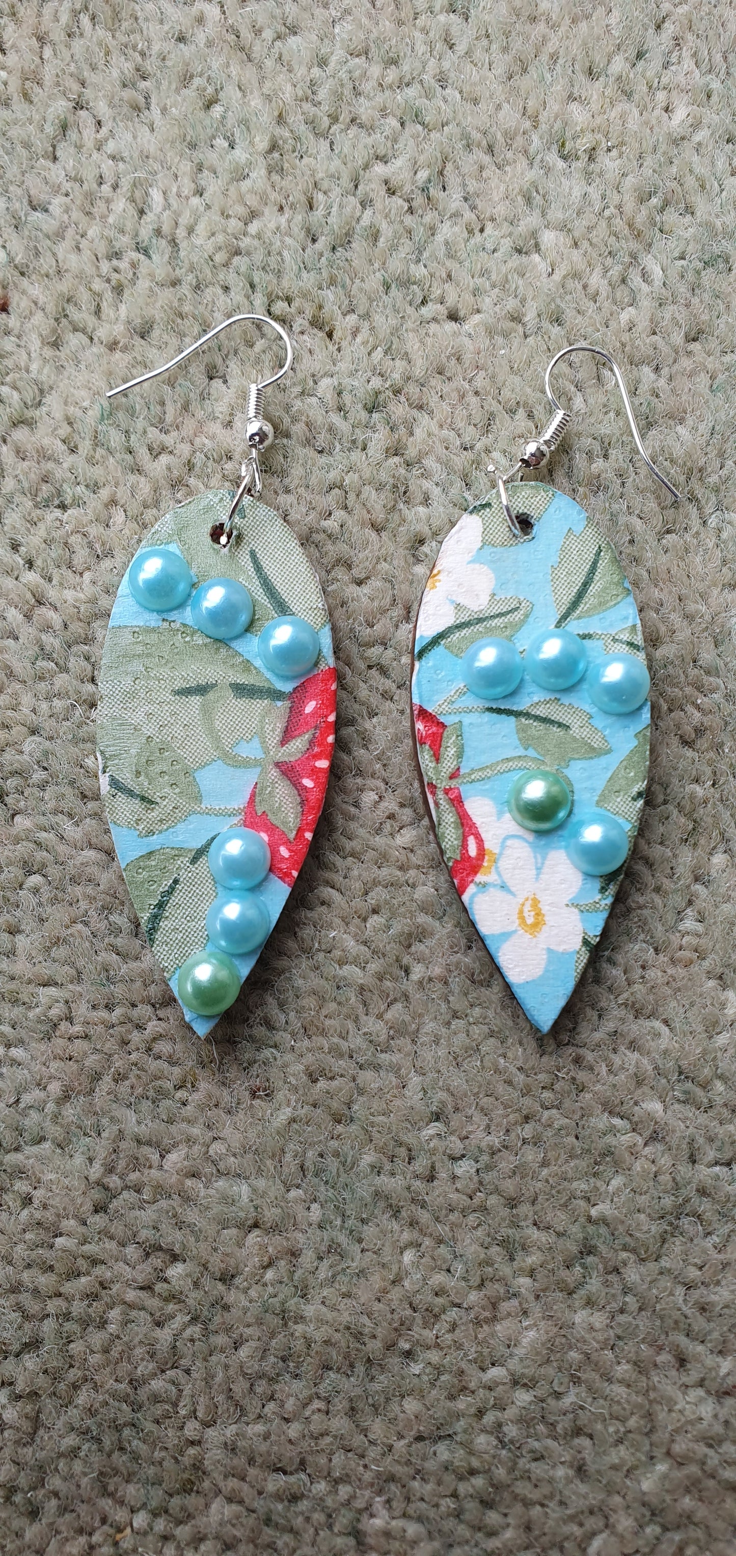 Decoupage Strawberries Blue Green Red White Wooden Leaf Shape Dangle Earrings