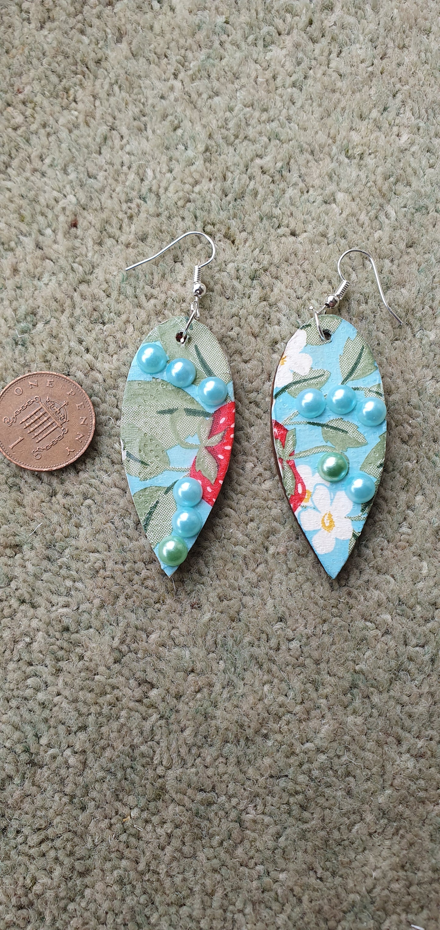 Decoupage Strawberries Blue Green Red White Wooden Leaf Shape Dangle Earrings