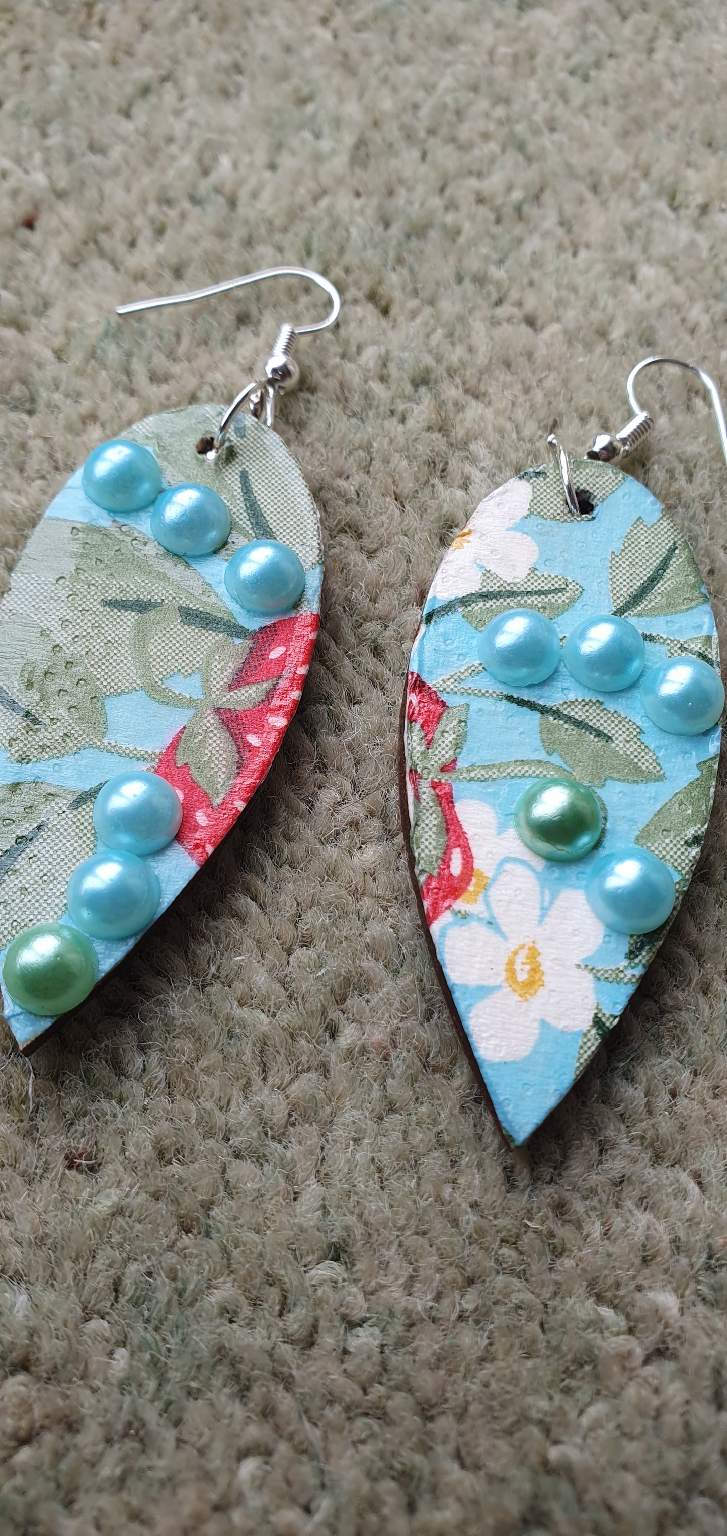 Decoupage Strawberries Blue Green Red White Wooden Leaf Shape Dangle Earrings