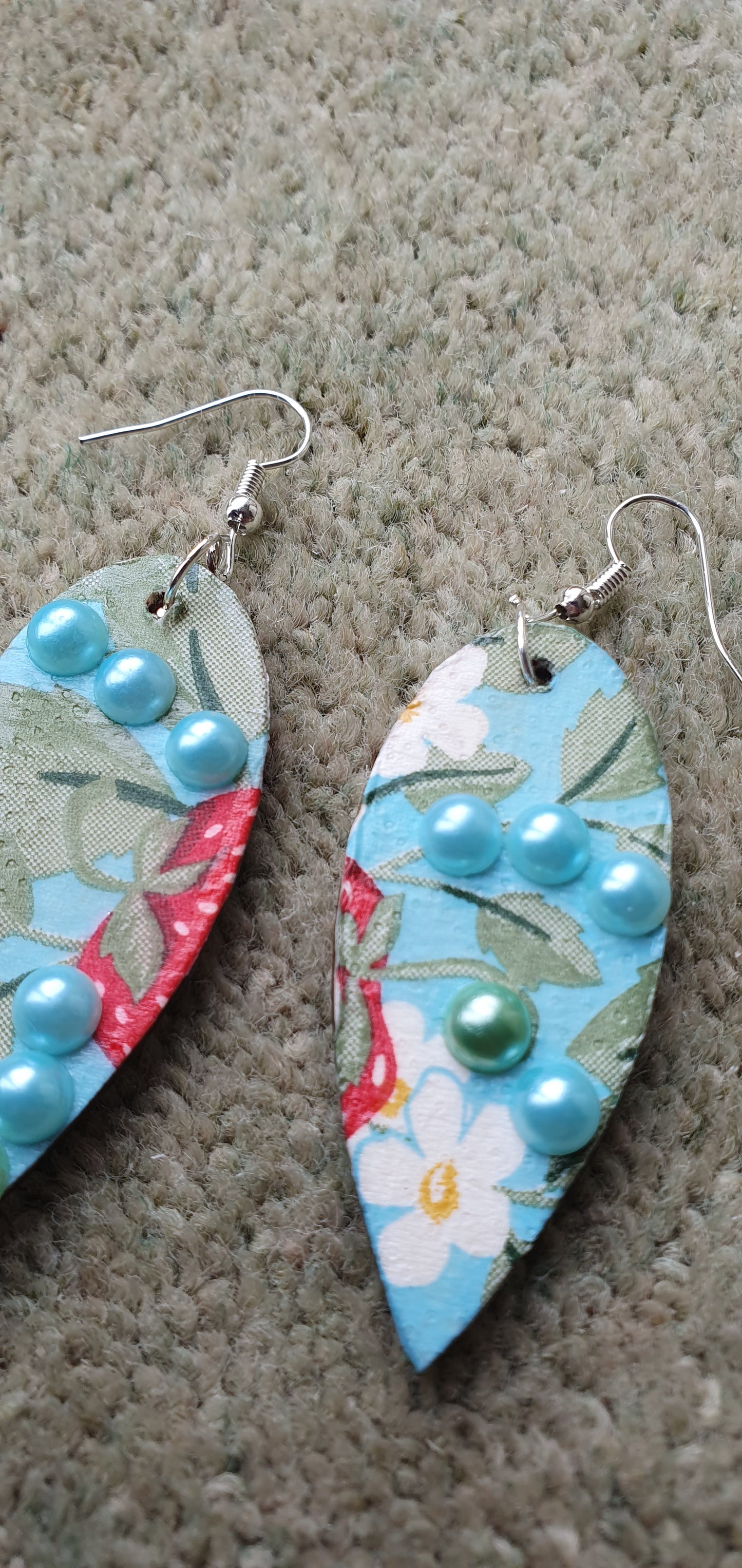 Decoupage Strawberries Blue Green Red White Wooden Leaf Shape Dangle Earrings