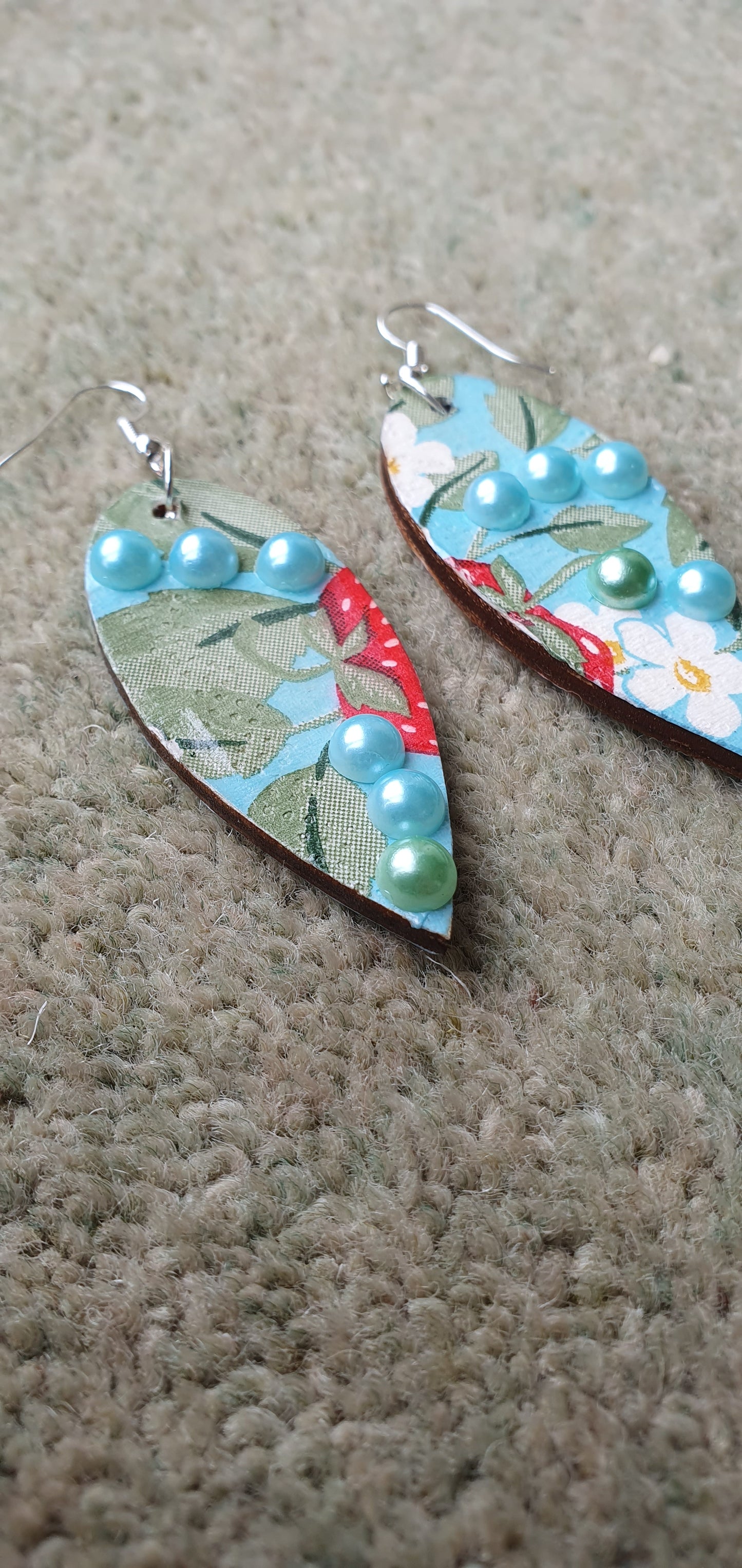 Decoupage Strawberries Blue Green Red White Wooden Leaf Shape Dangle Earrings