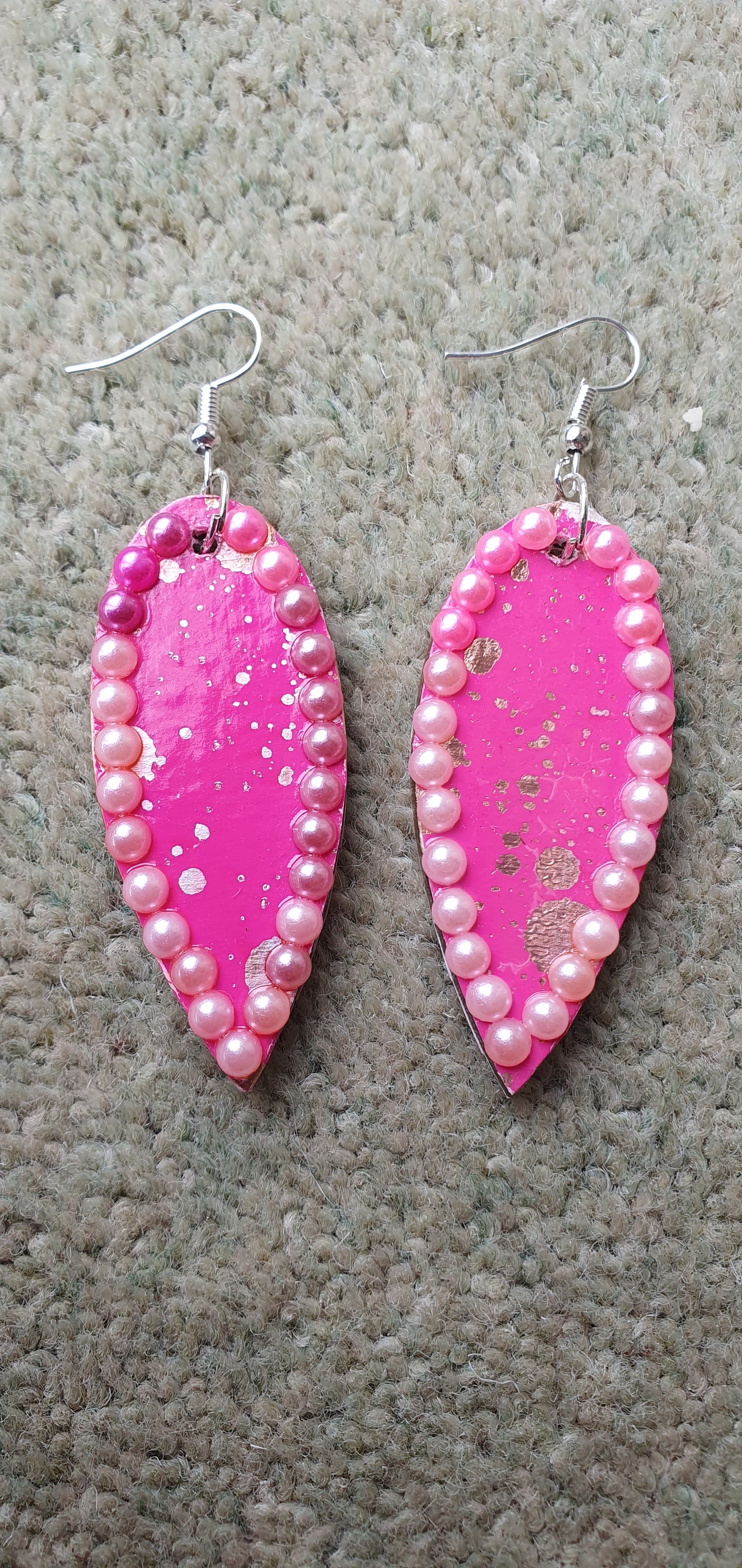 Decoupage Pink Silver Wooden Leaf Shape Dangle Earrings