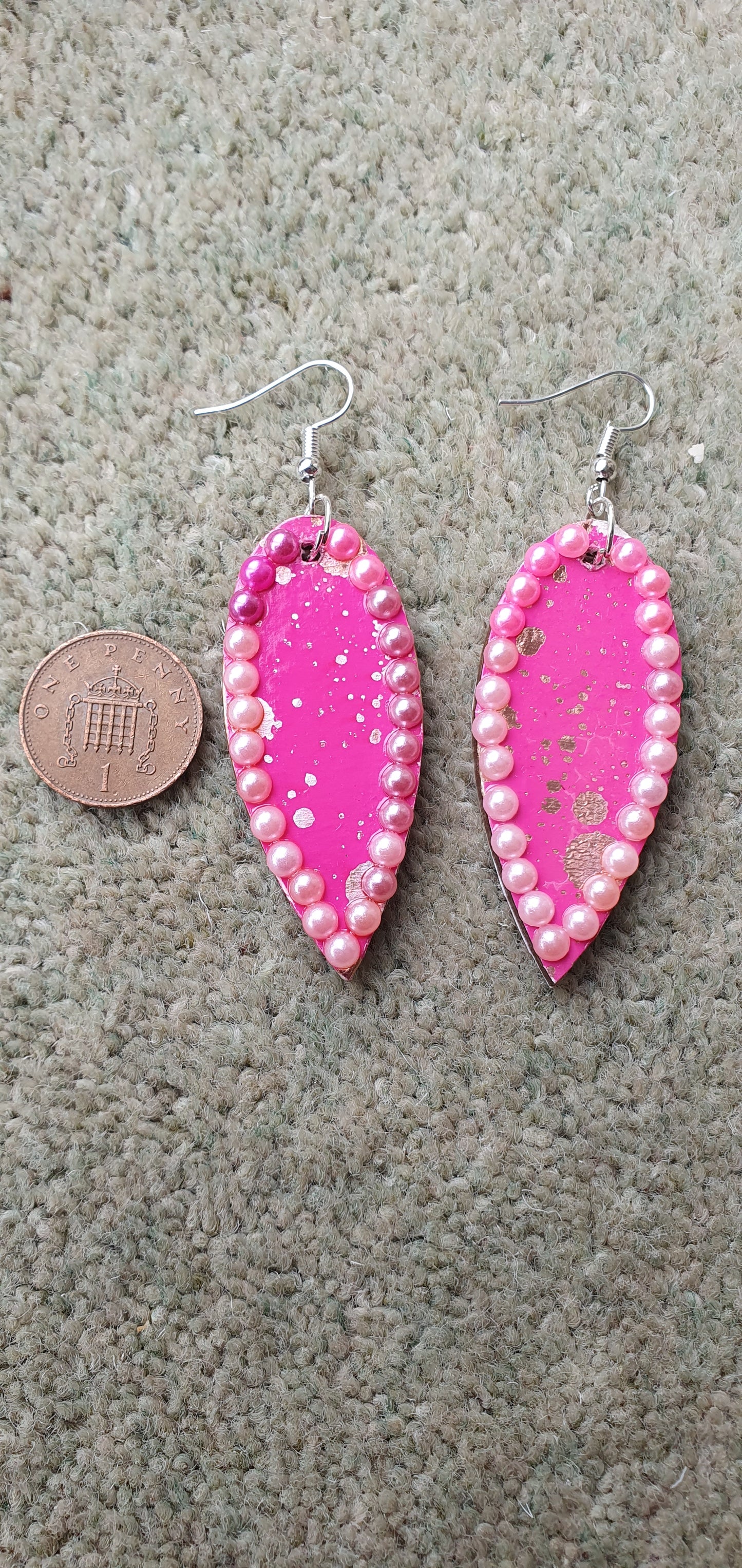 Decoupage Pink Silver Wooden Leaf Shape Dangle Earrings