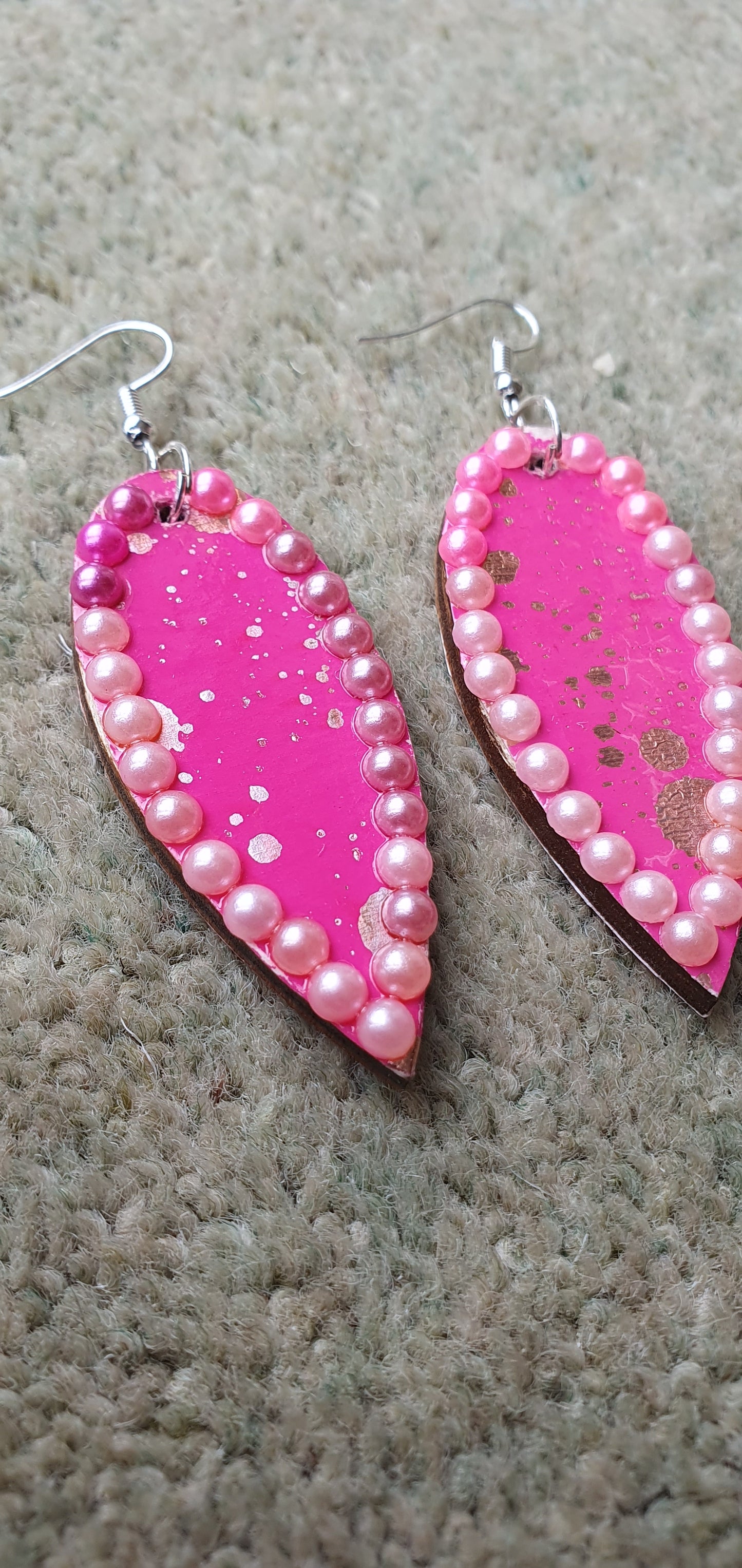 Decoupage Pink Silver Wooden Leaf Shape Dangle Earrings