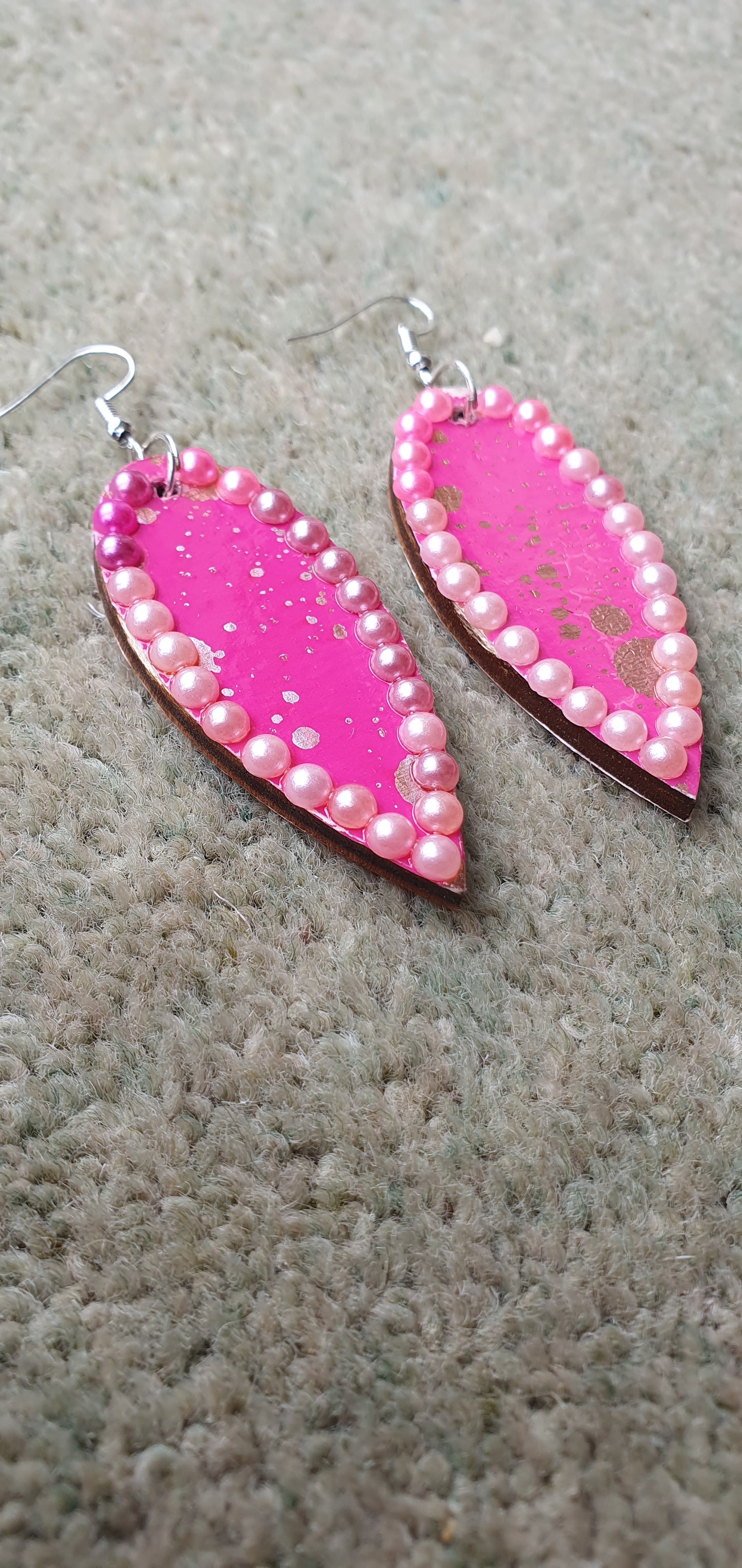 Decoupage Pink Silver Wooden Leaf Shape Dangle Earrings