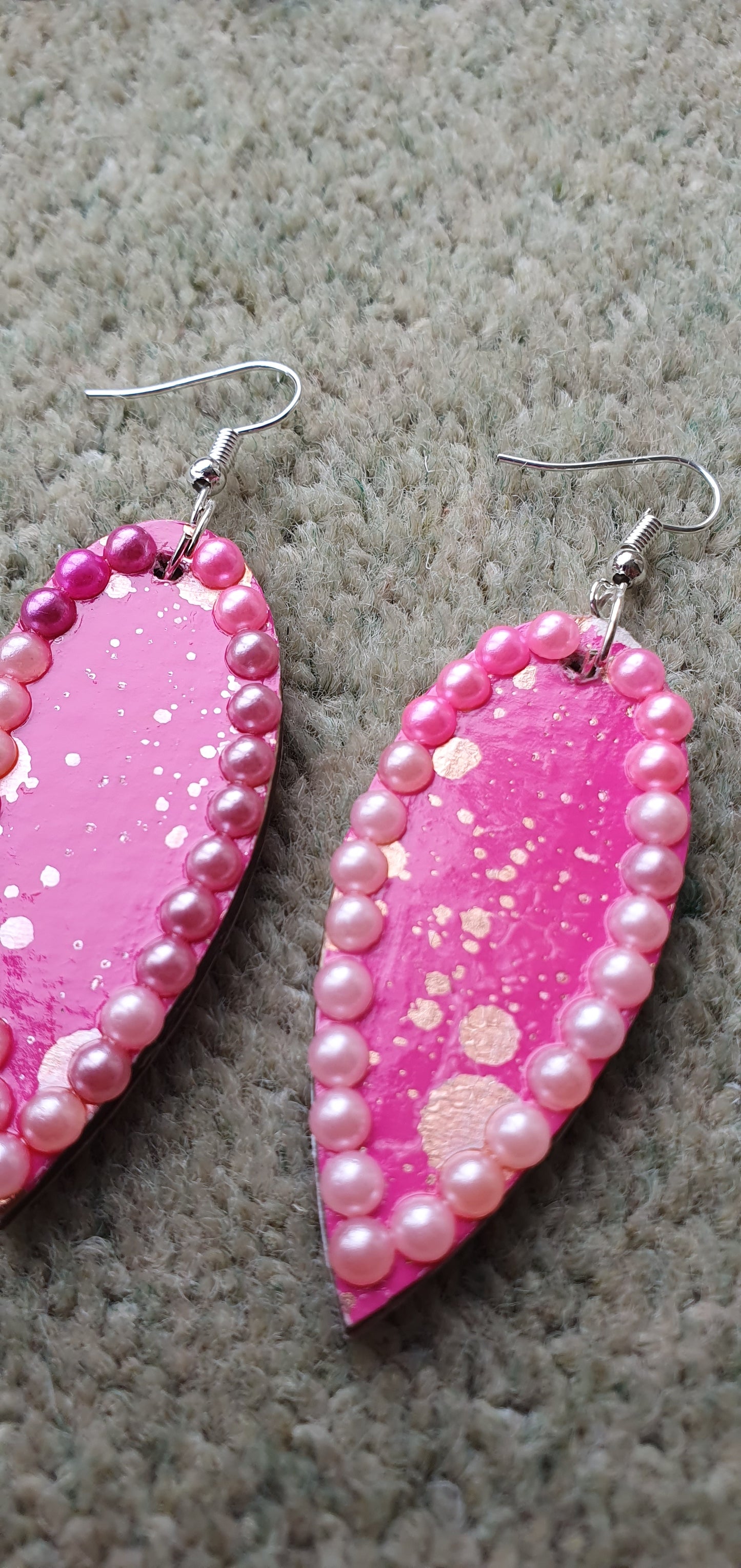 Decoupage Pink Silver Wooden Leaf Shape Dangle Earrings